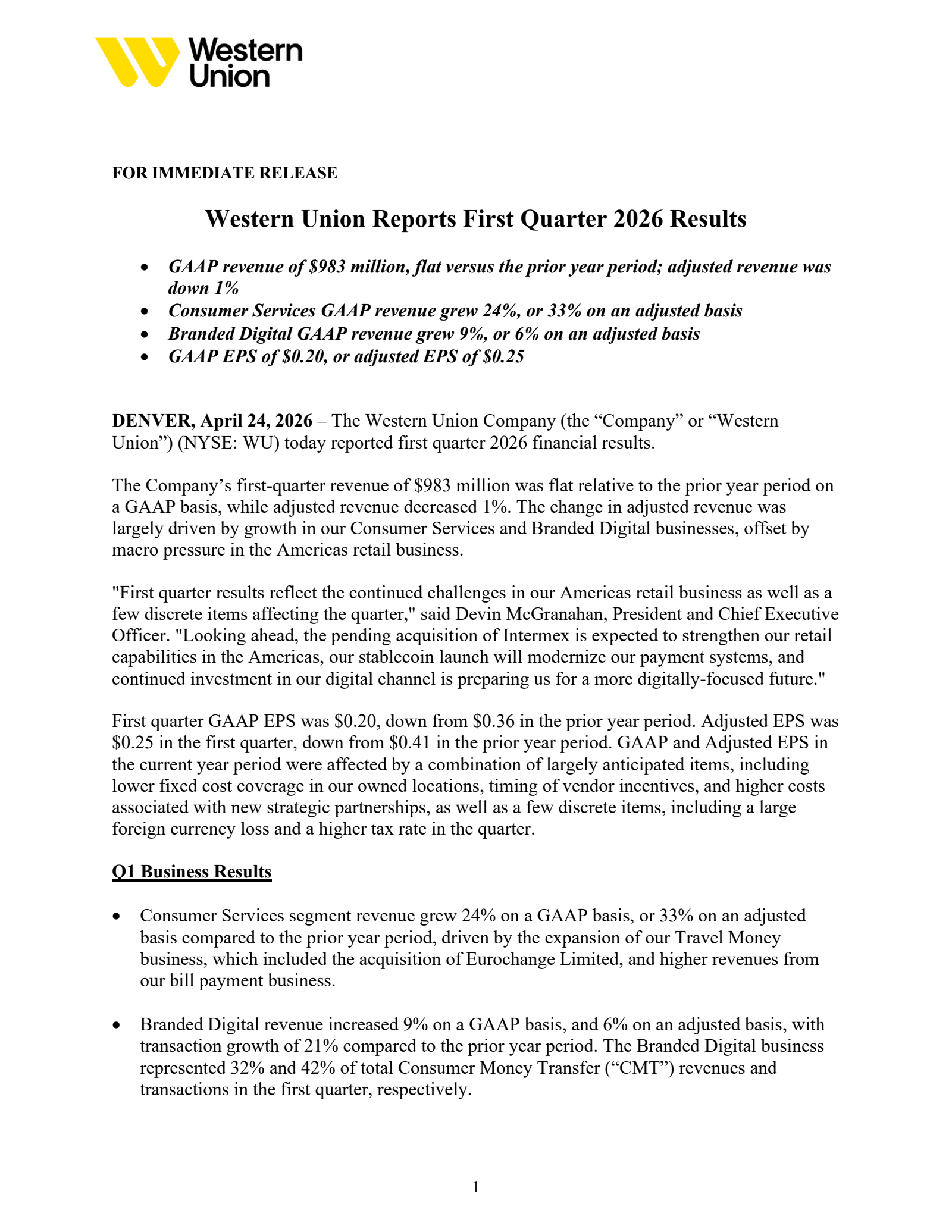 Western Union's Q1 2026 Press Release