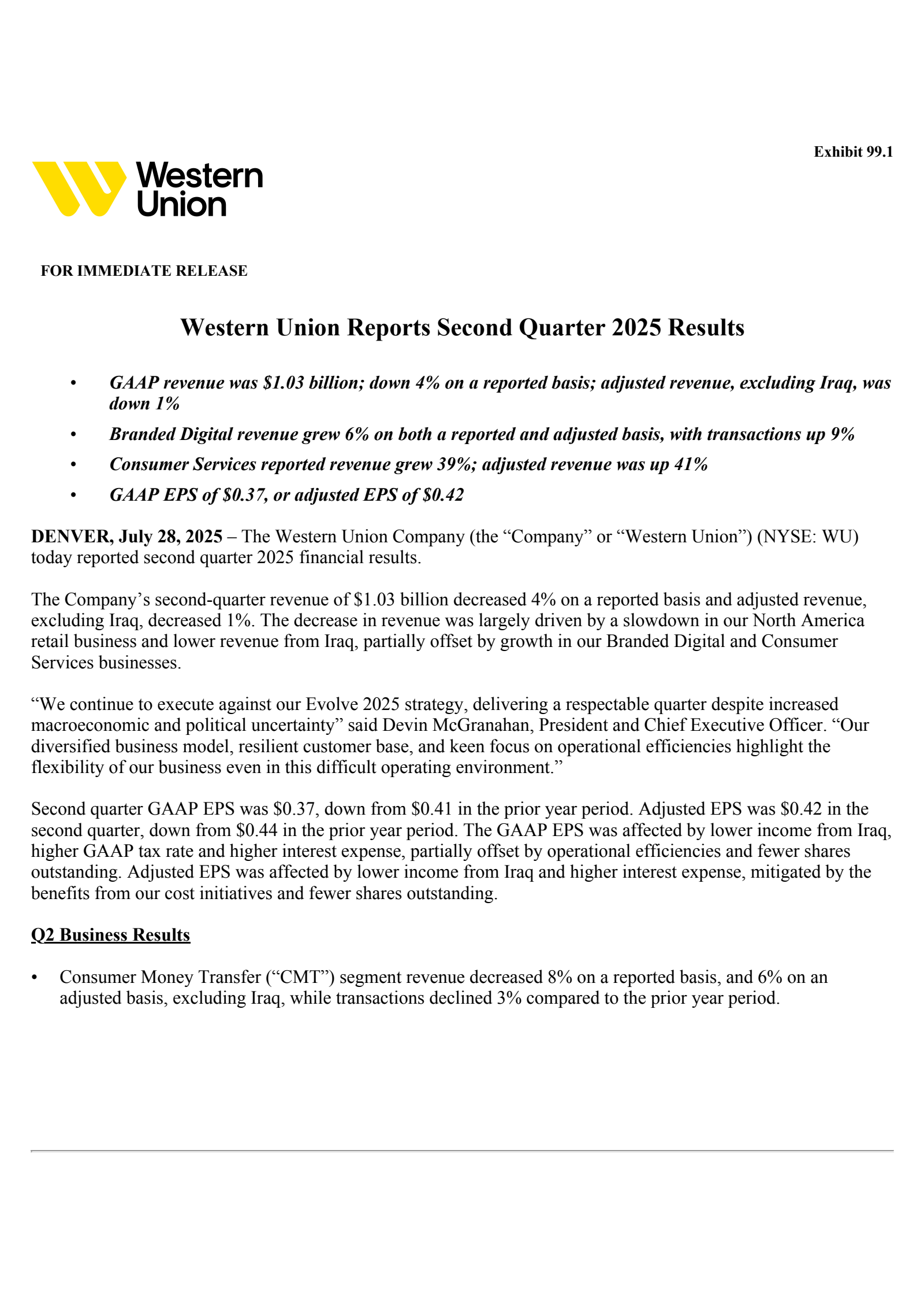 Western Union's Q2 2025 Press Release