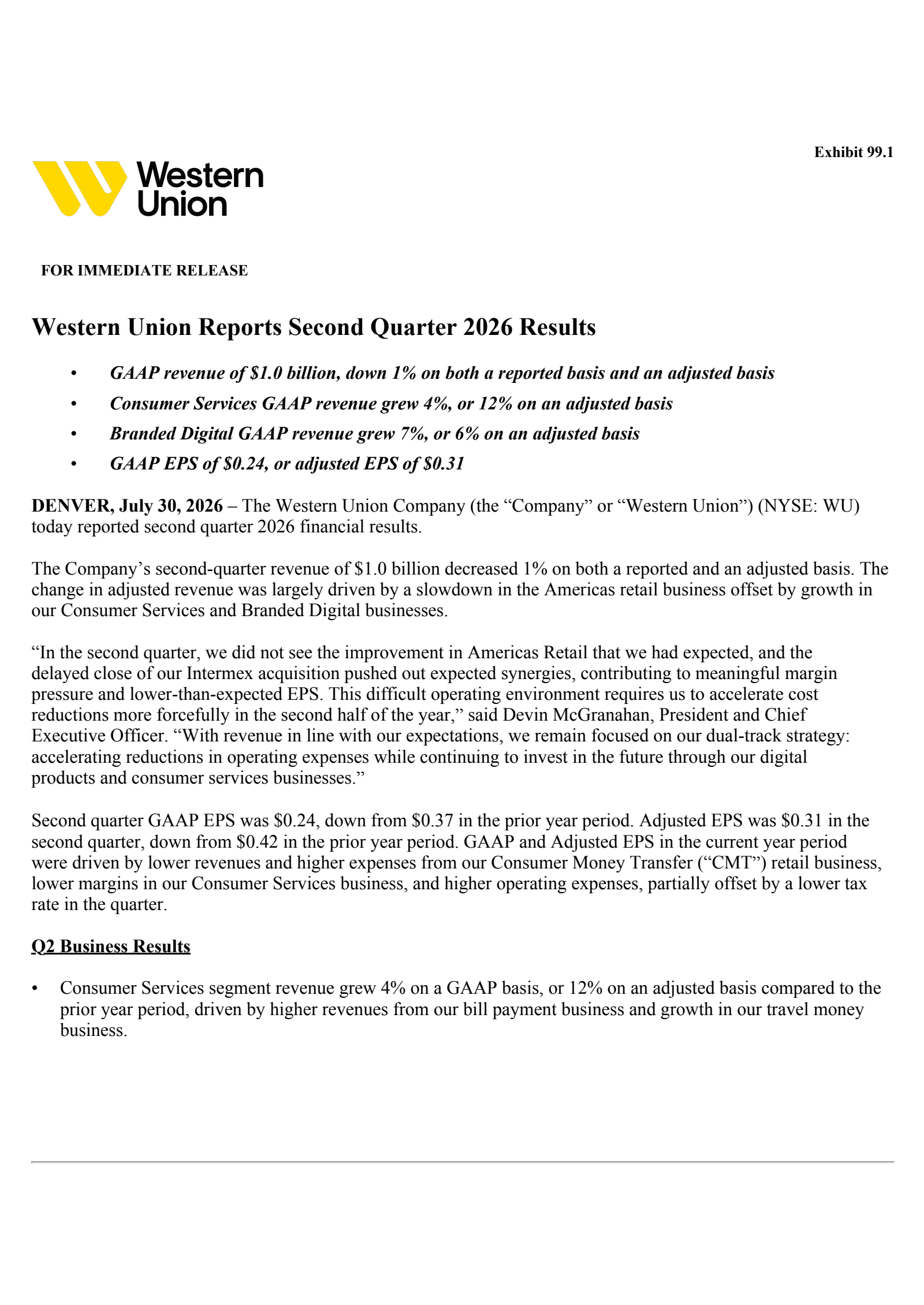 Western Union's Q2 2026 Press Release