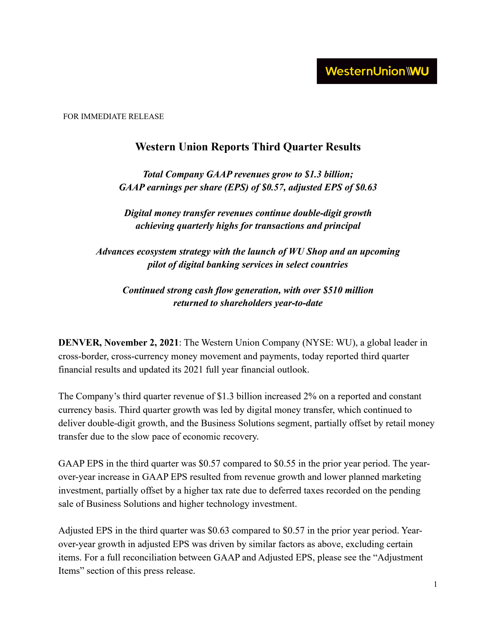 Western Union's Q3 2021 Earnings Release
