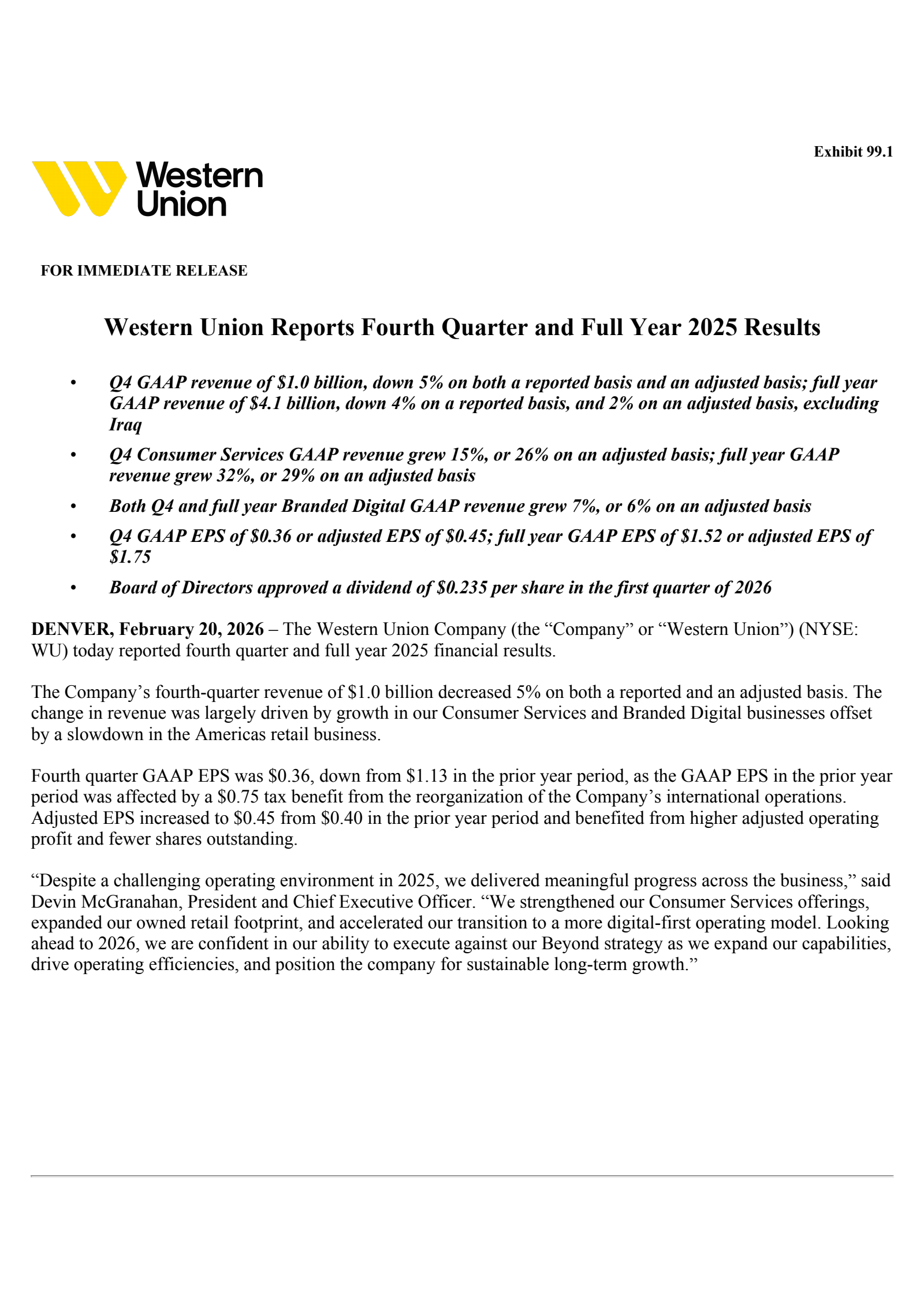 Western Union's Q4 2025 Press Release