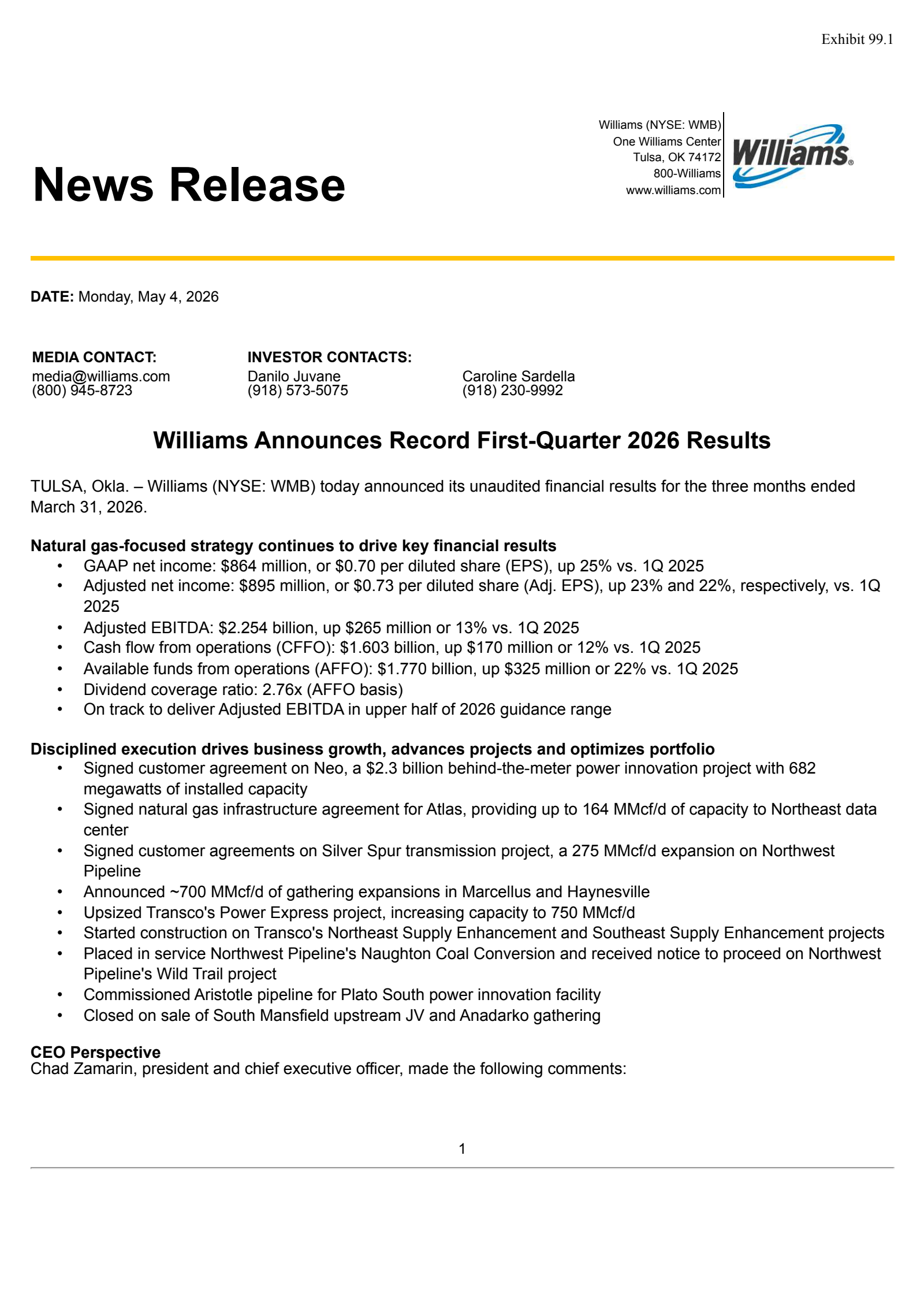 Williams Companies' Q1 2026 Press Release