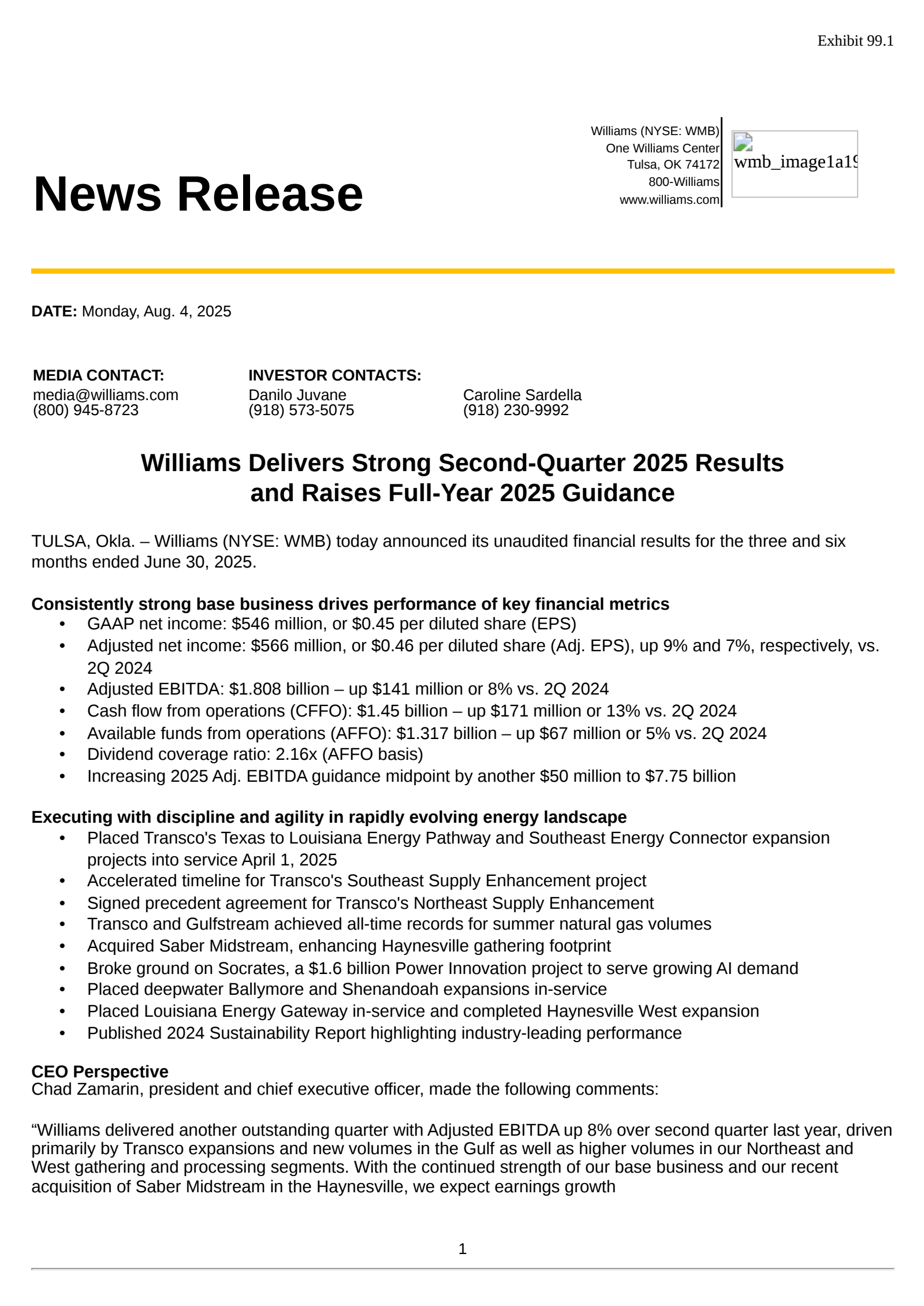 Williams Companies' Q2 2025 Press Release