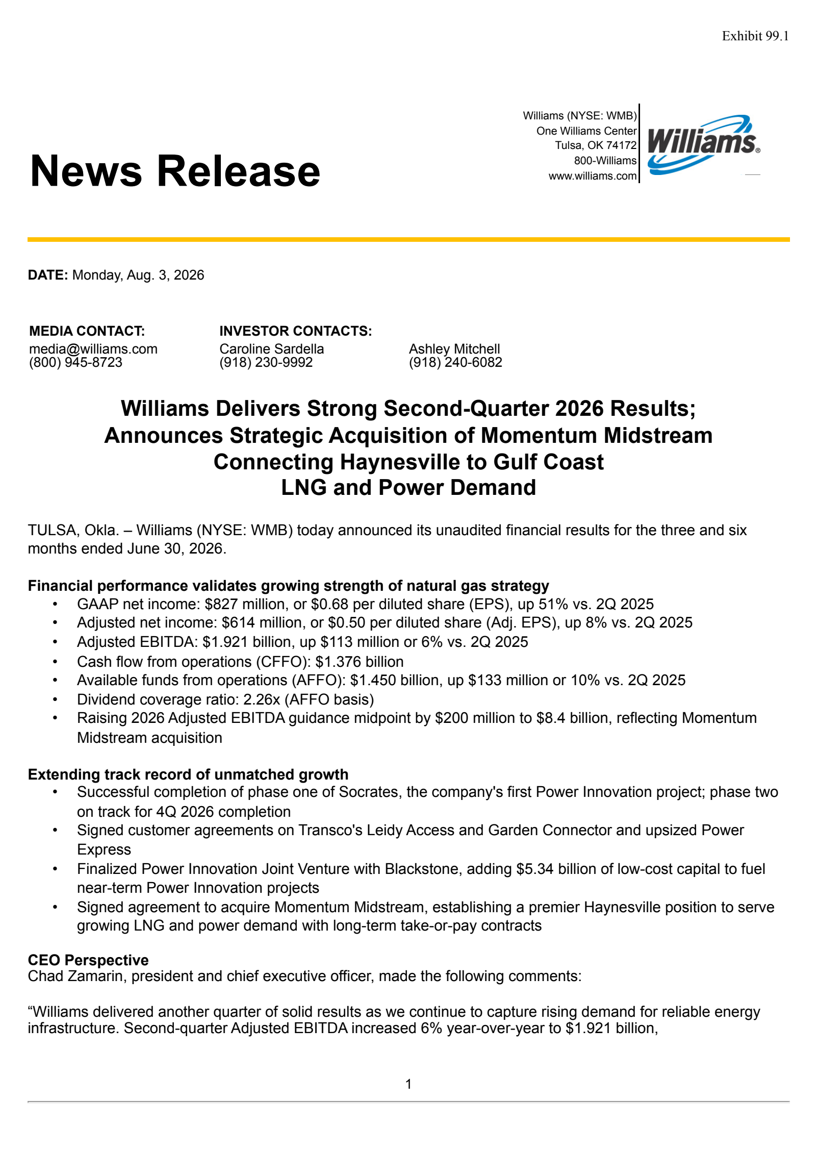Williams Companies' Q2 2026 Press Release