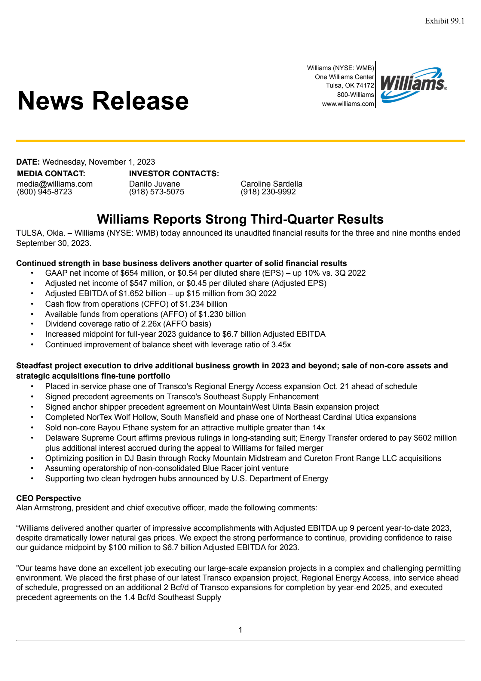 Williams Companies' Q3 2023 Press Release