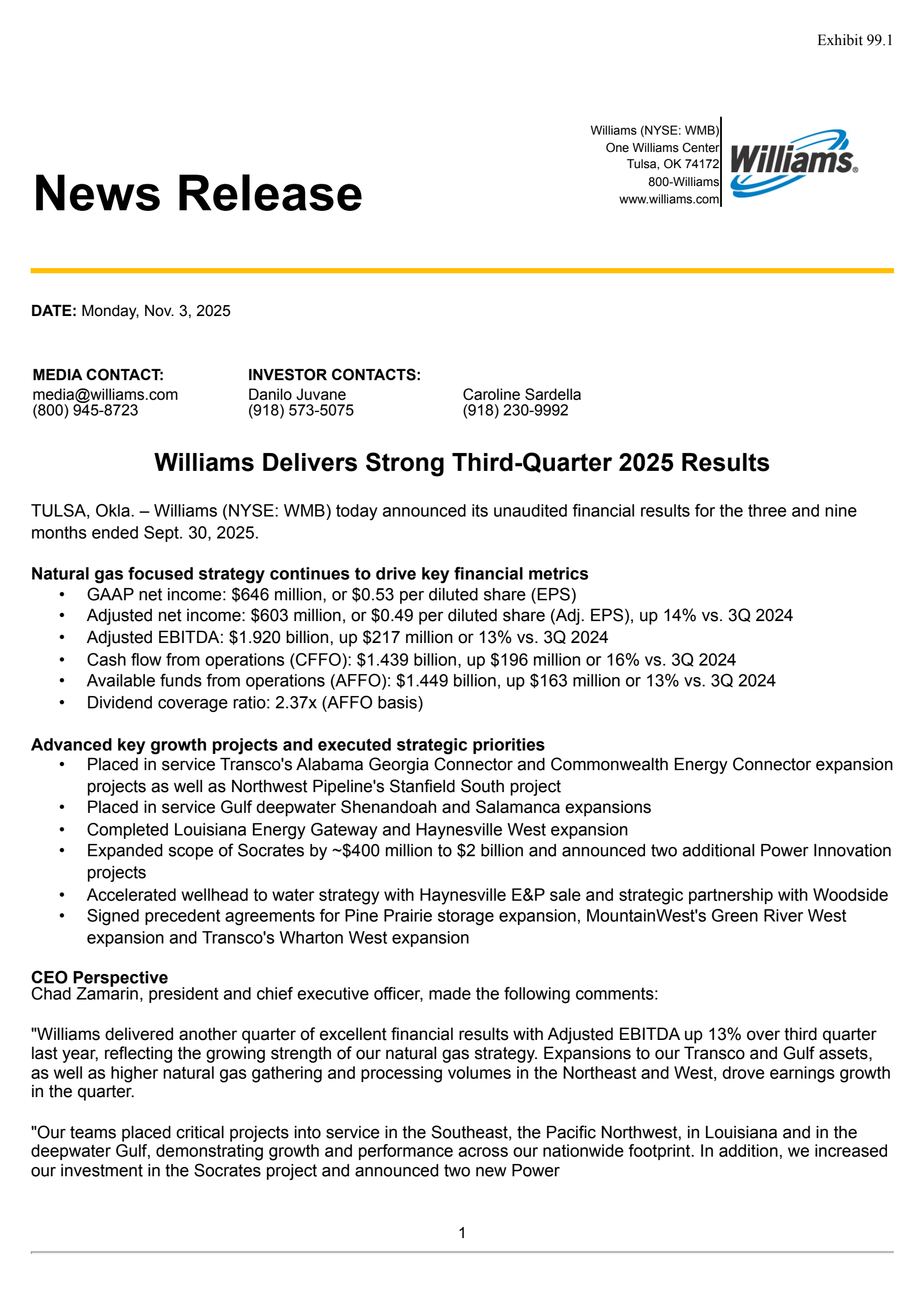 Williams Companies' Q3 2025 Earnings Release