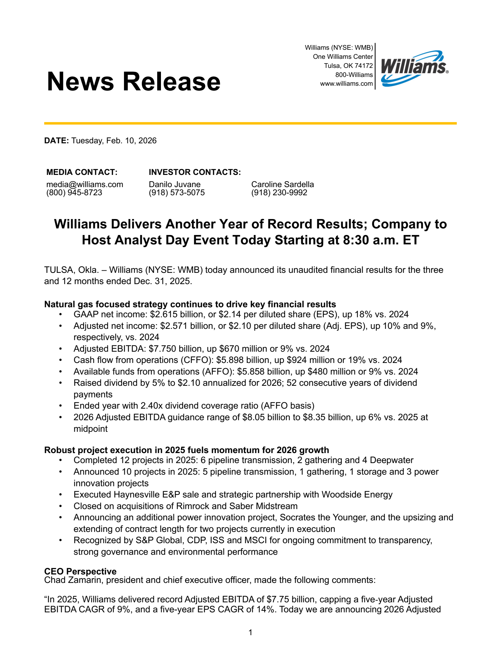 Williams Companies' Q4 2025 Press Release