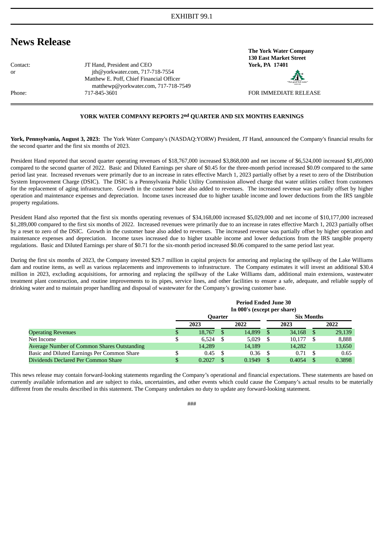 York Water's Q2 2023 Press Release