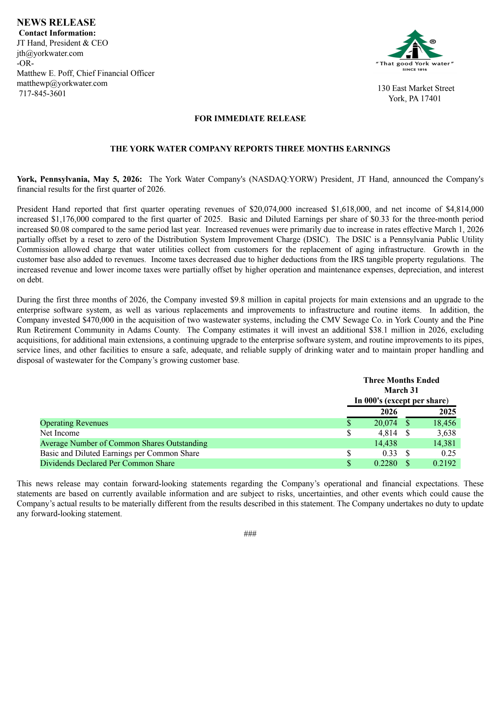 York Water's Q1 2026 Press Release