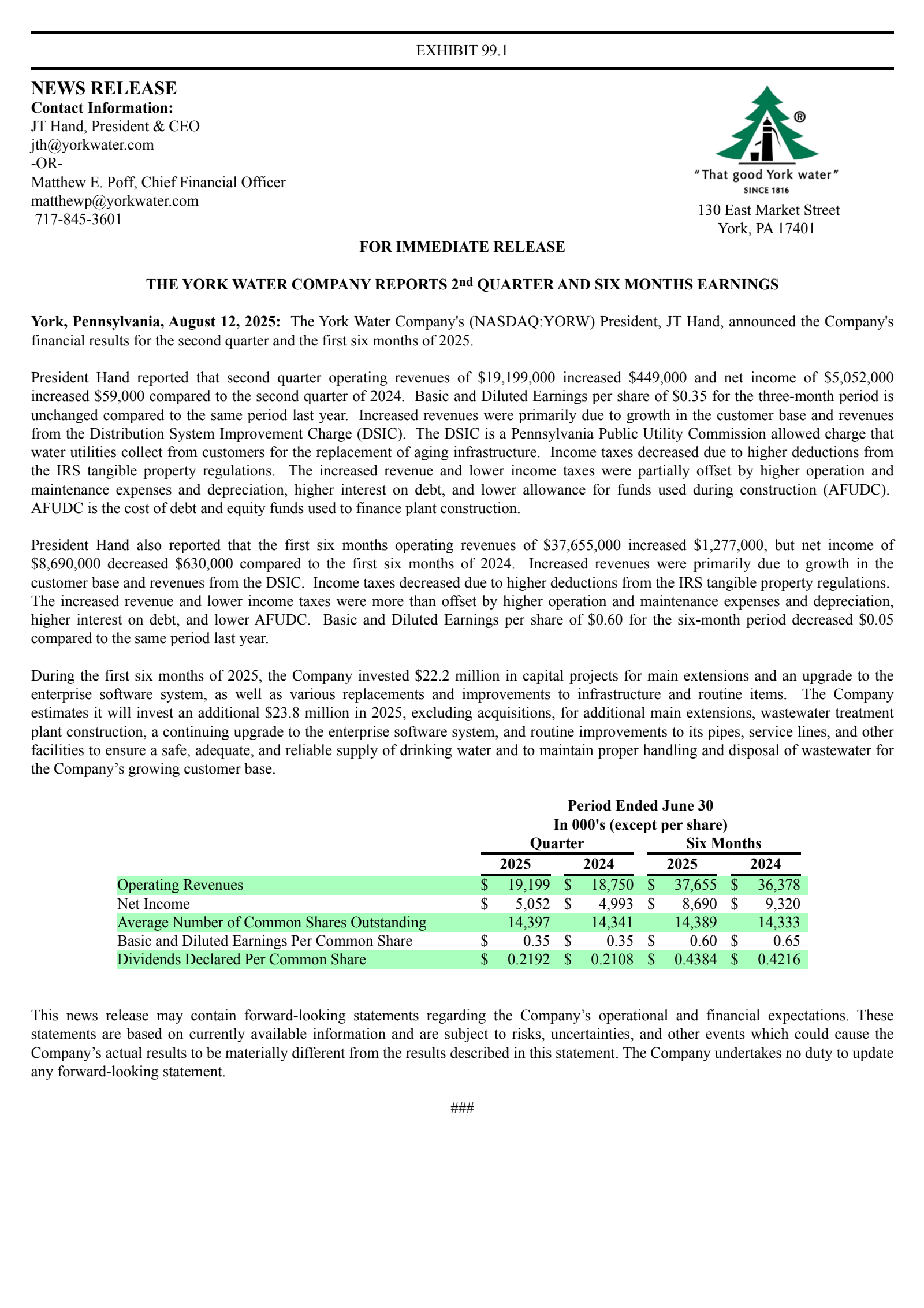 York Water's Q2 2025 Press Release