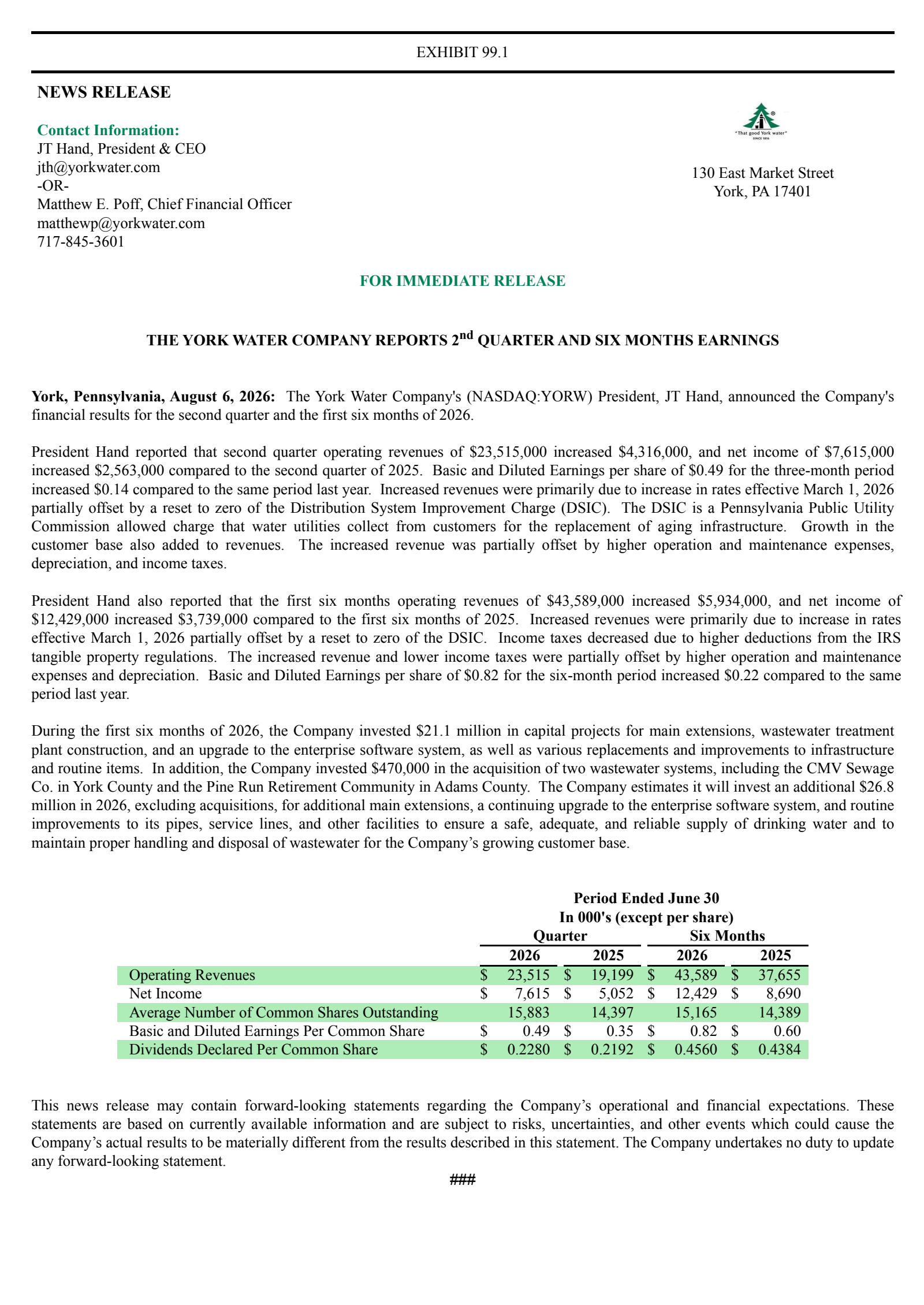 York Water's Q2 2026 Press Release