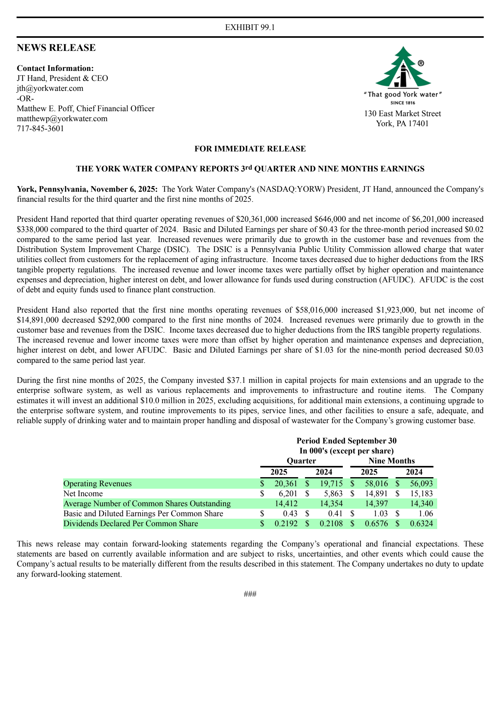York Water's Q3 2025 Earnings Release