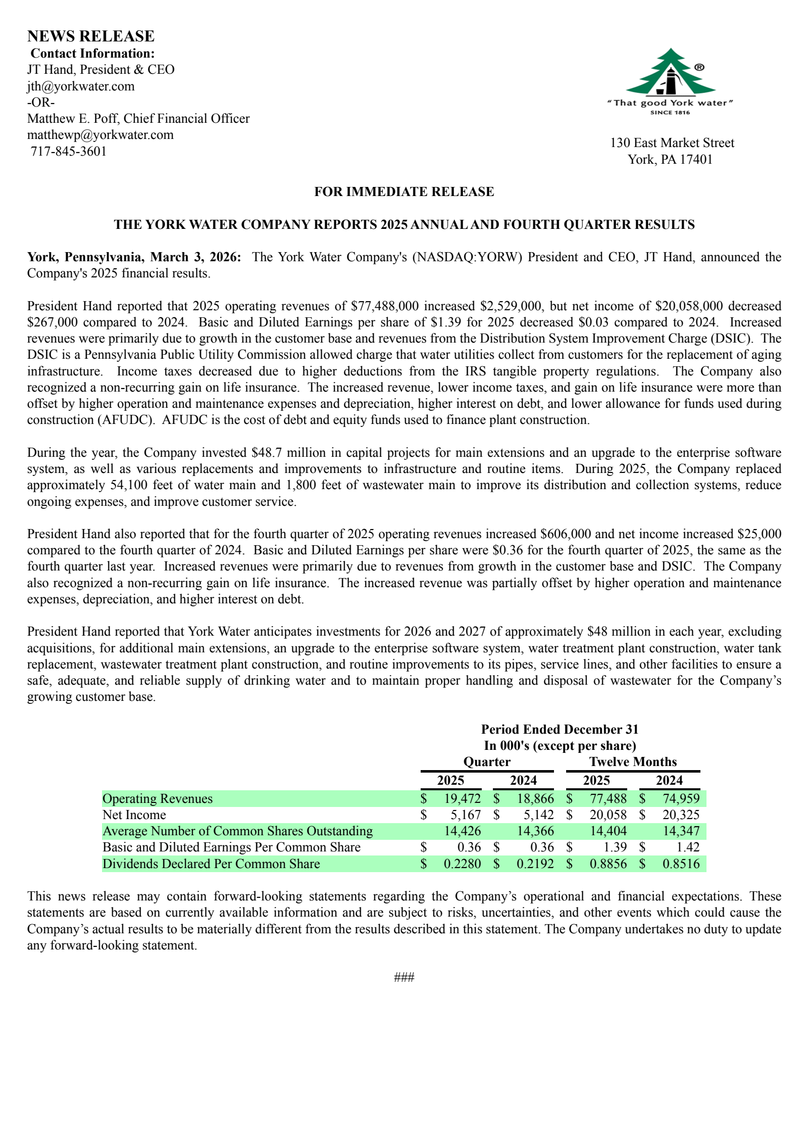 York Water's Q4 2025 Press Release
