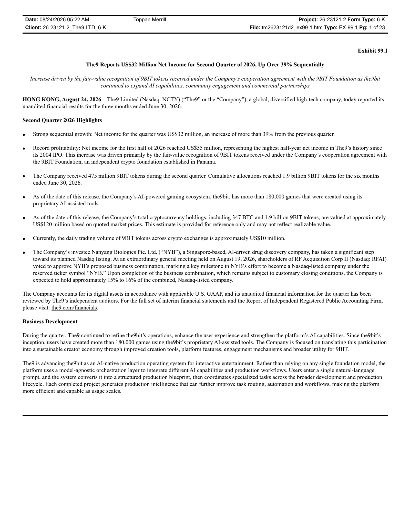 The9's Q2 2026 Press Release