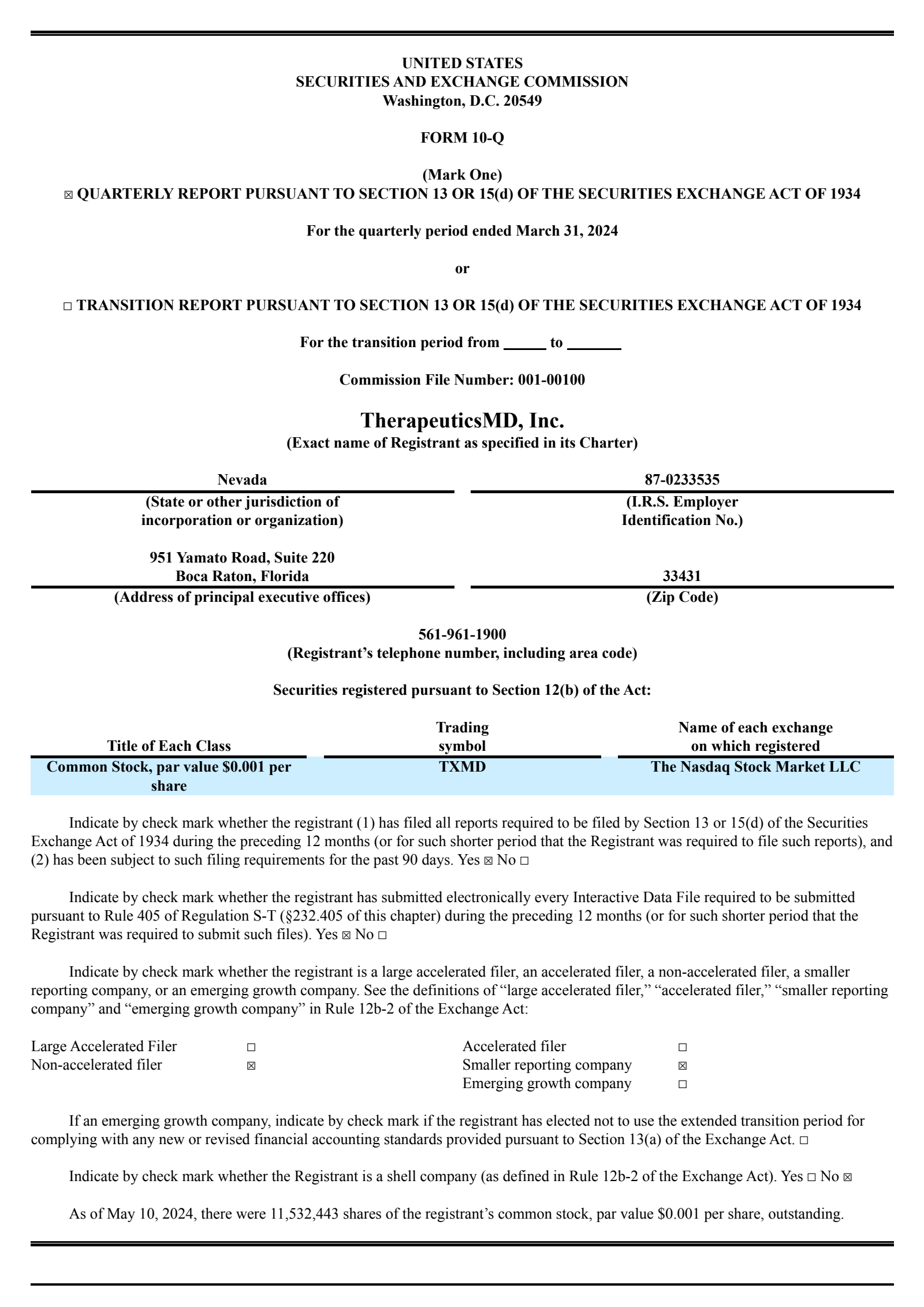 TherapeuticsMD's Q1 2024 Quarterly report