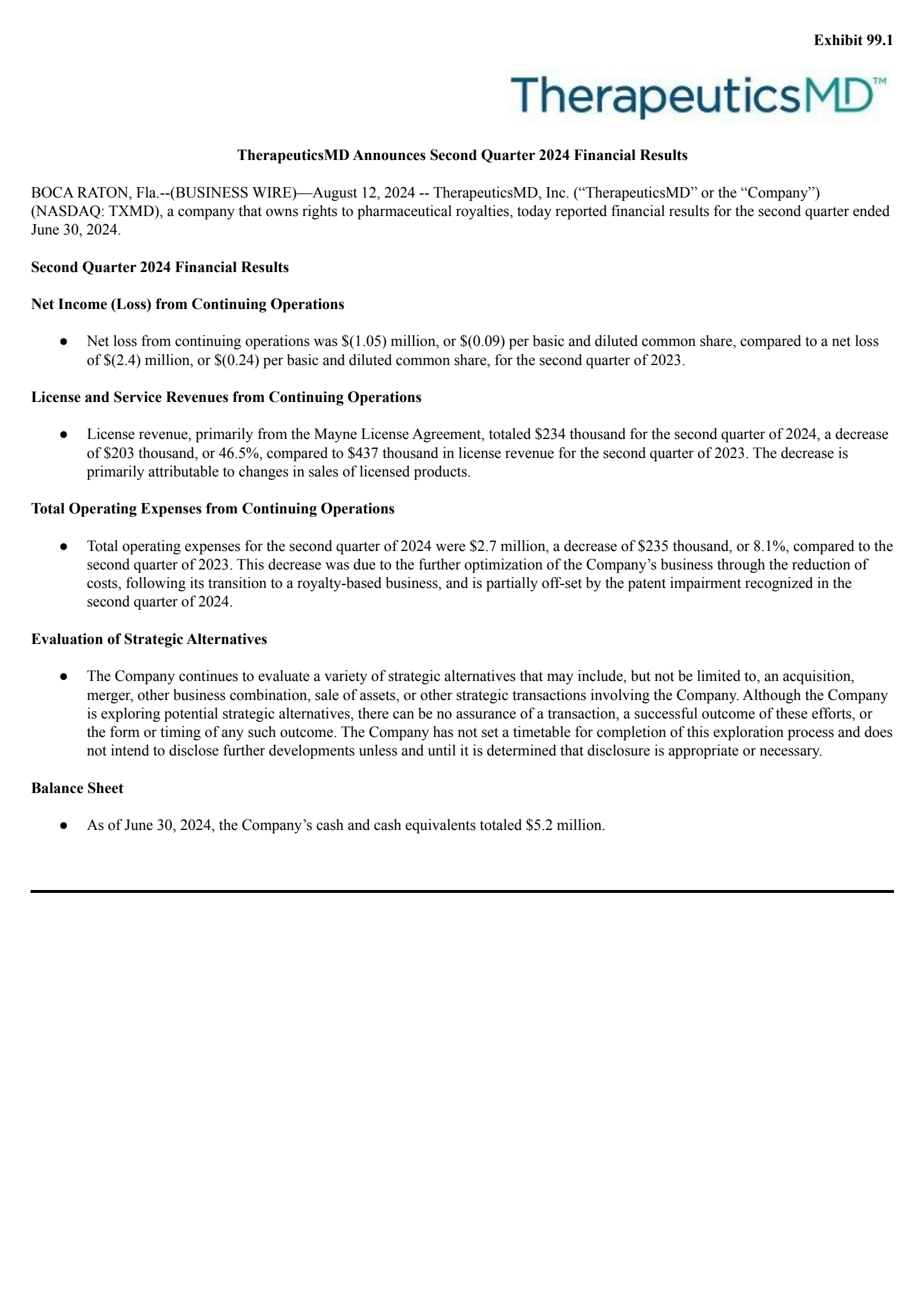 TherapeuticsMD's Q2 2024 Press Release
