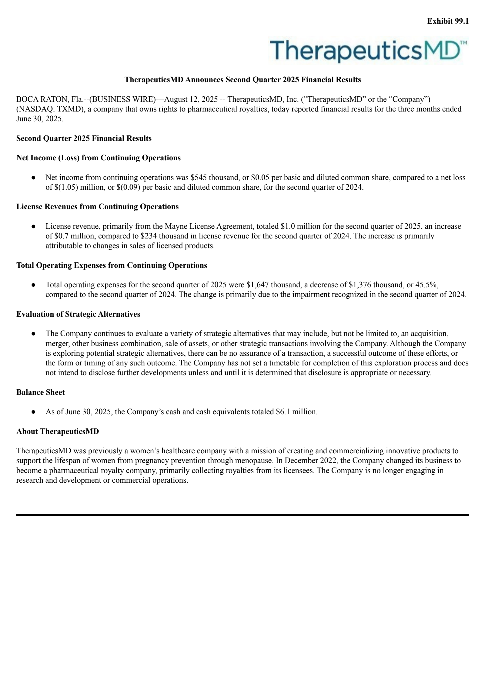 TherapeuticsMD's Q2 2025 Press Release