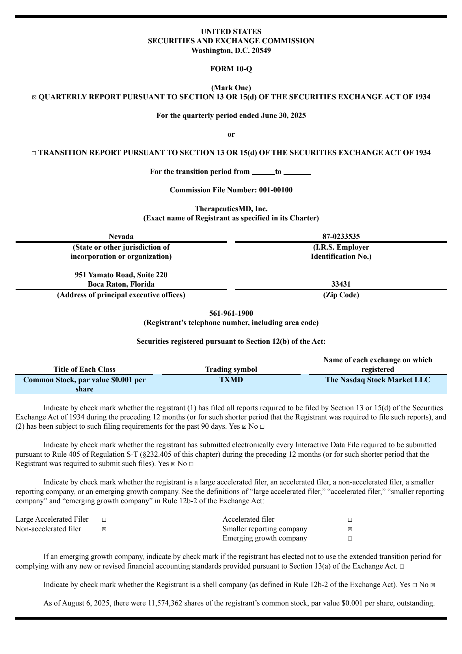 TherapeuticsMD's Q2 2025 Quarterly report