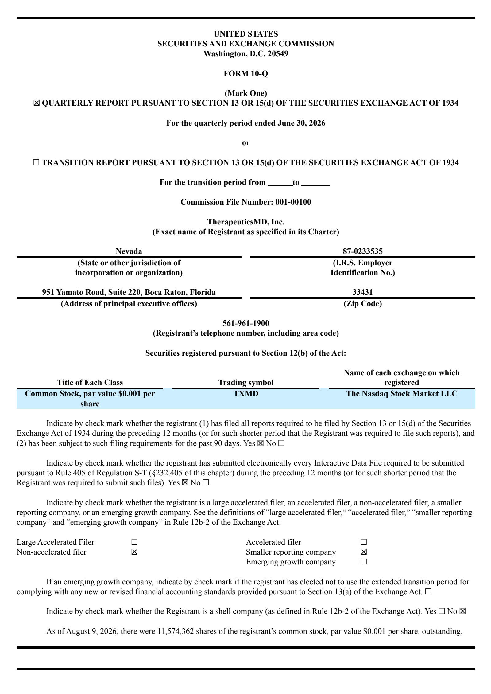TherapeuticsMD's Q2 2026 Quarterly report