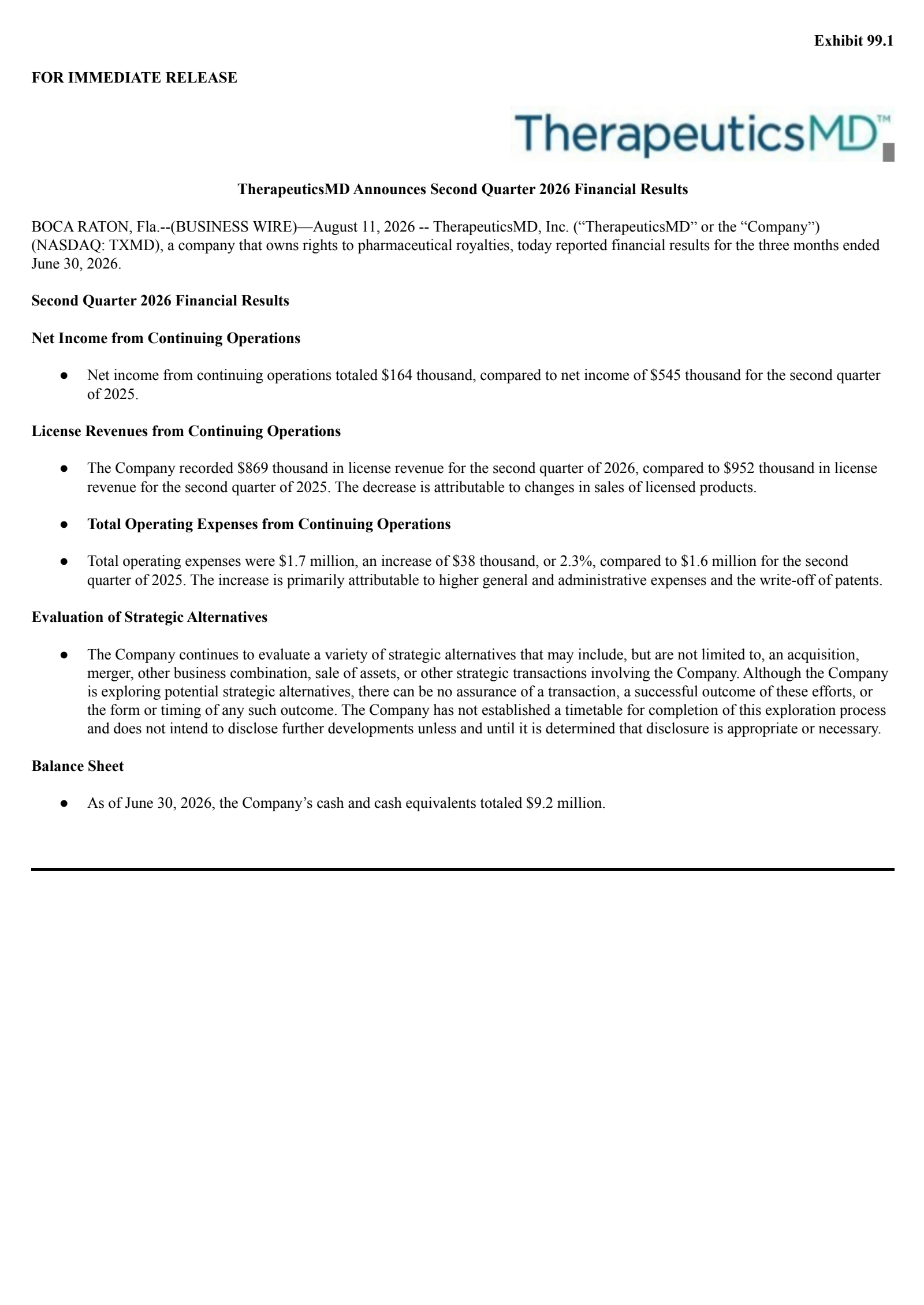 TherapeuticsMD's Q2 2026 Press Release
