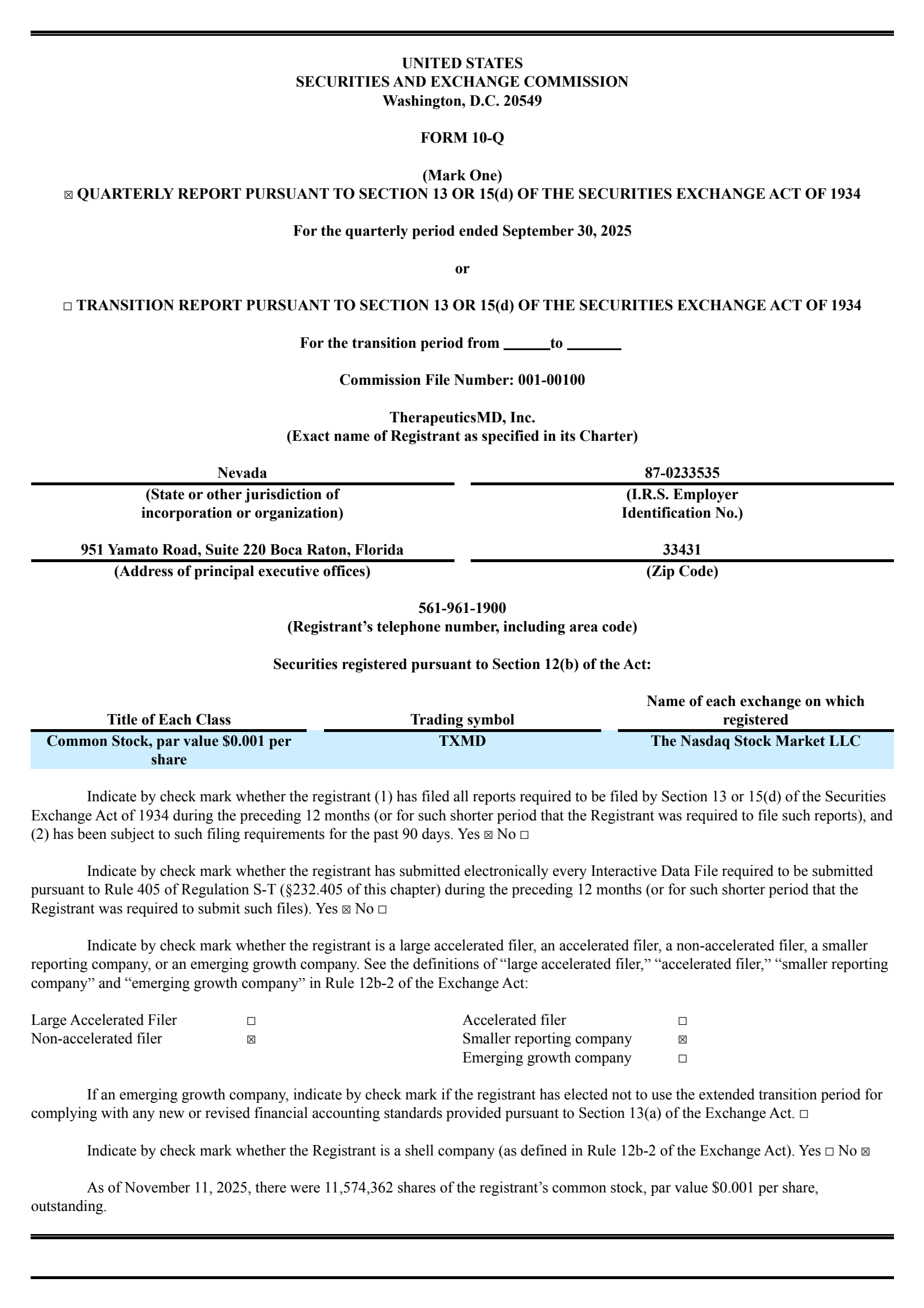 TherapeuticsMD's Q3 2025 Quarterly Report