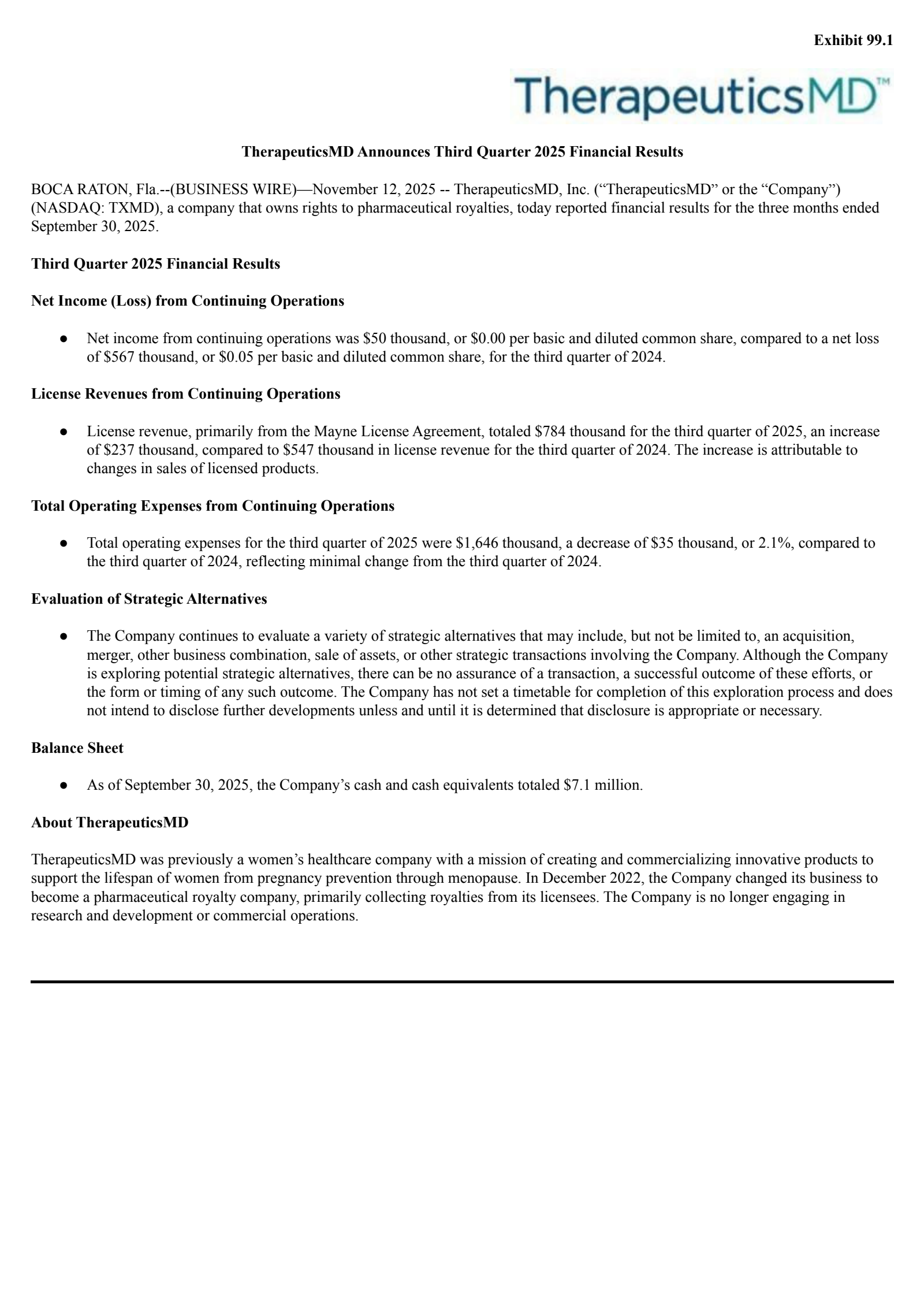 TherapeuticsMD's Q3 2025 Earnings Release