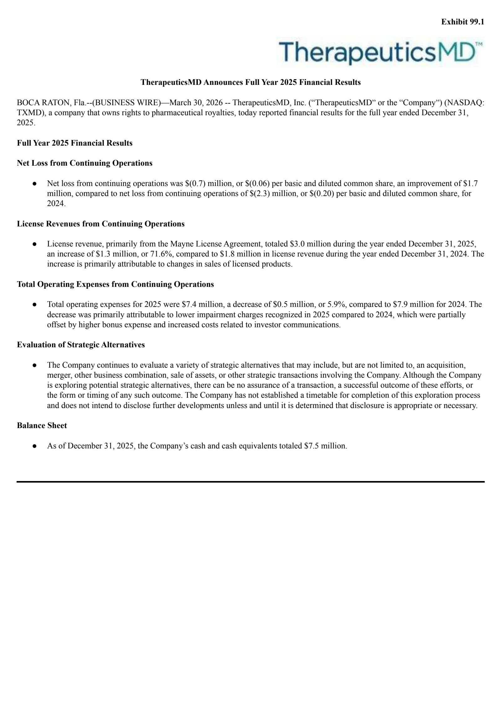 TherapeuticsMD's Q4 2025 Press Release