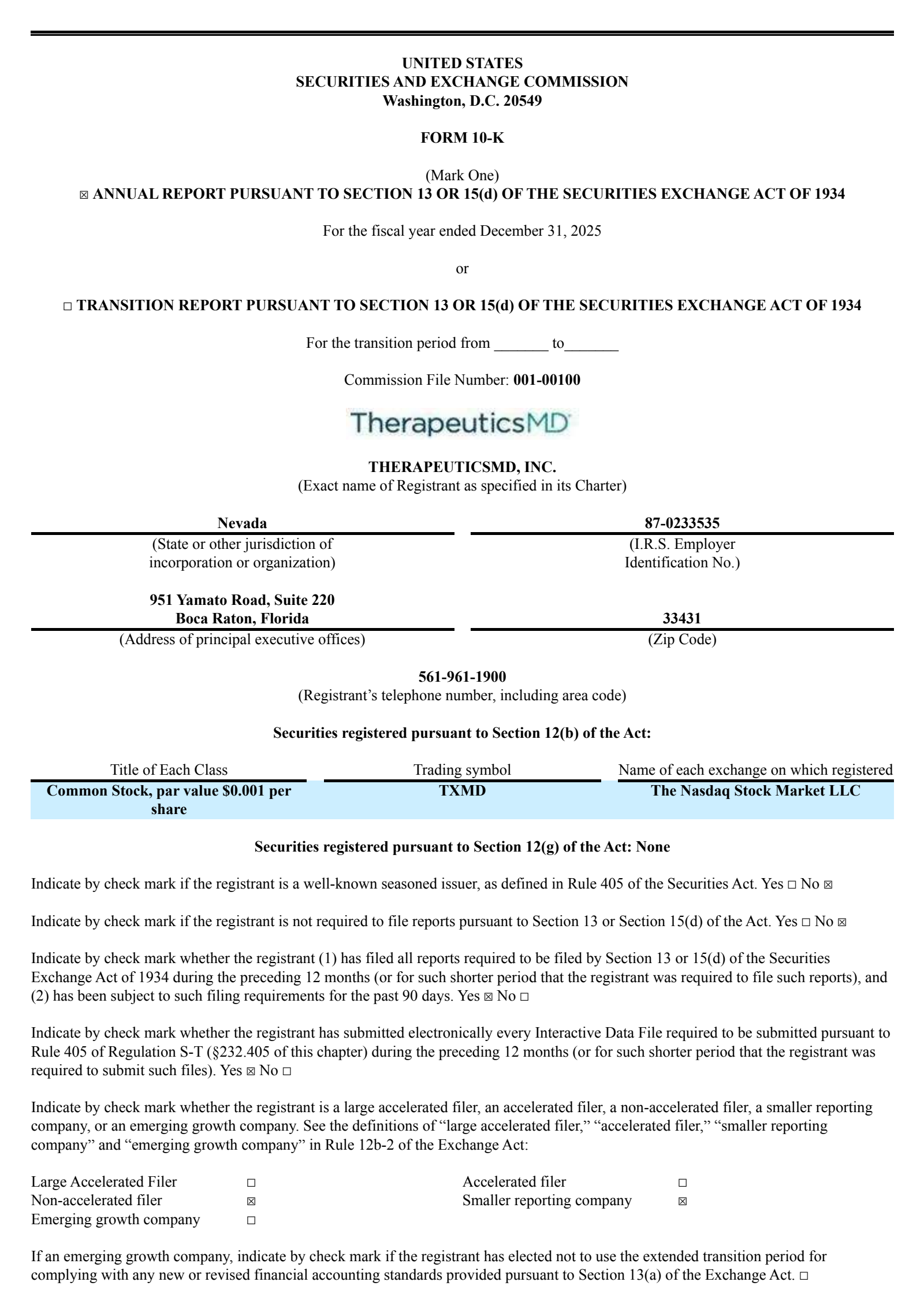 TherapeuticsMD's Q4 2025 Annual report