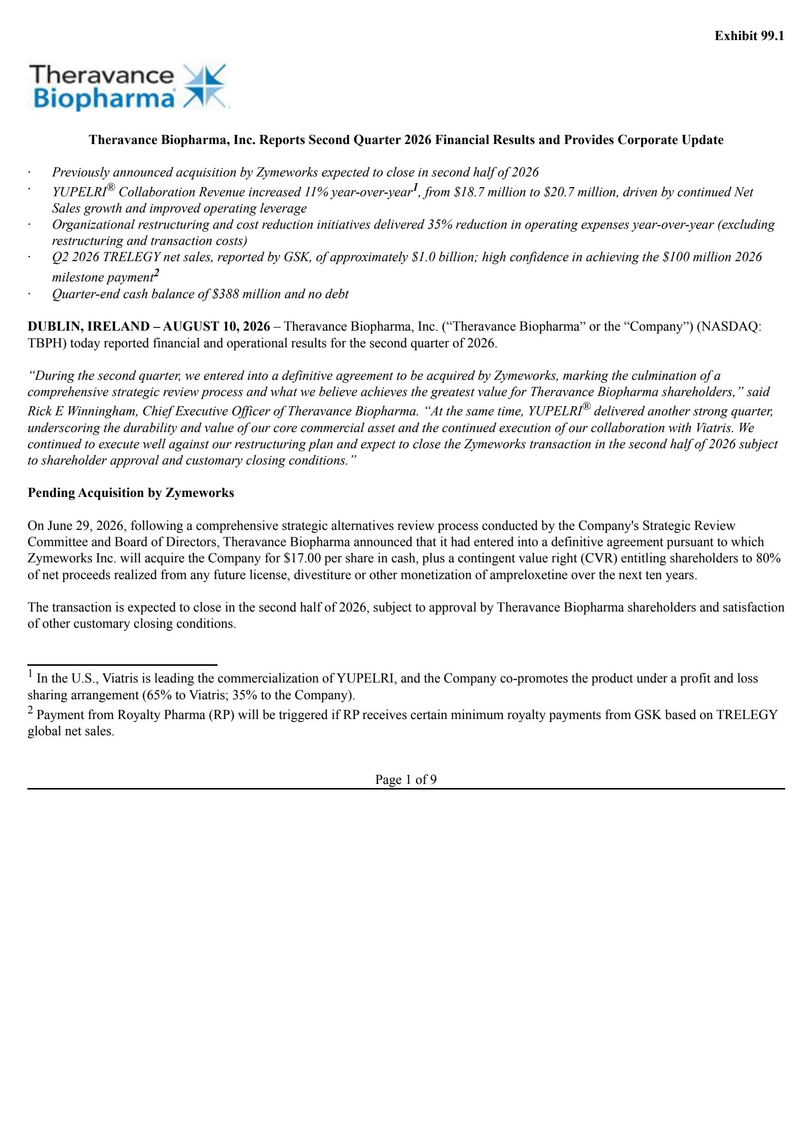 Theravance Biopharma's Q2 2026 Press Release