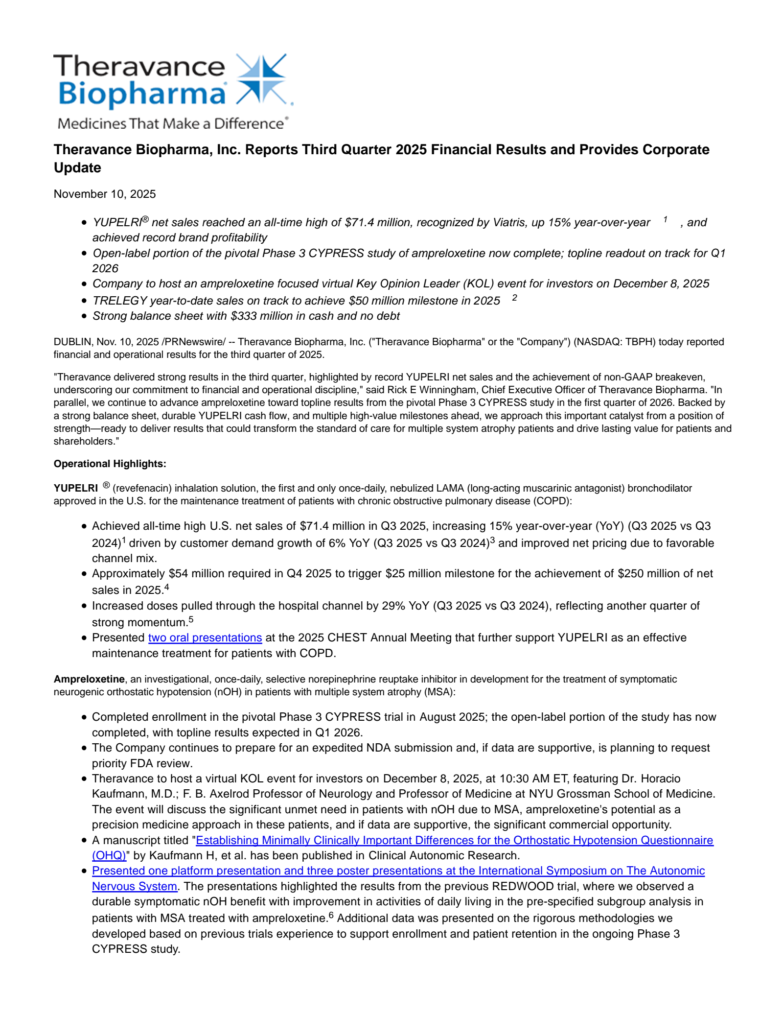 Theravance Biopharma's Q3 2025 Earnings Release