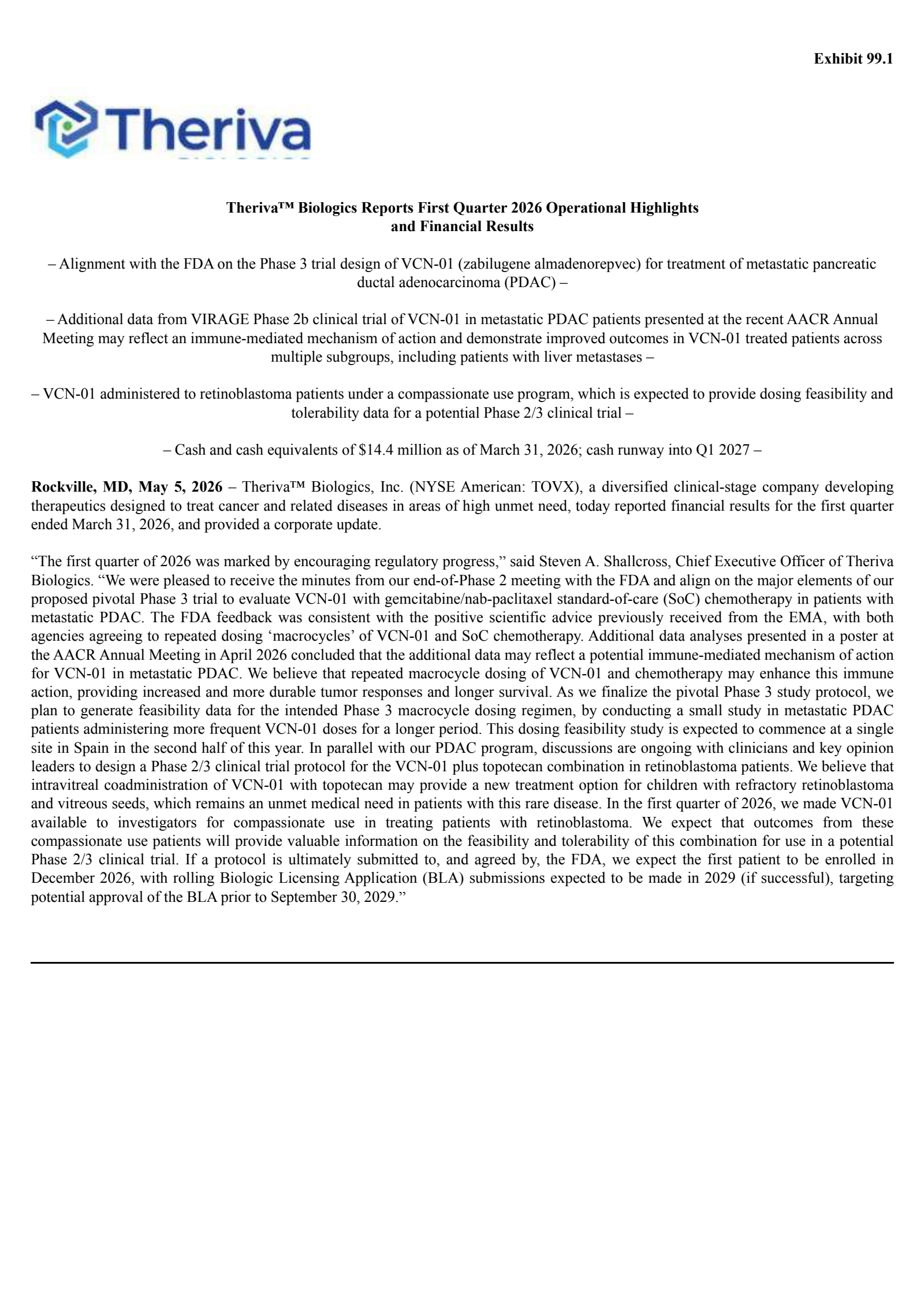 Theriva Biologics' Q1 2026 Press Release