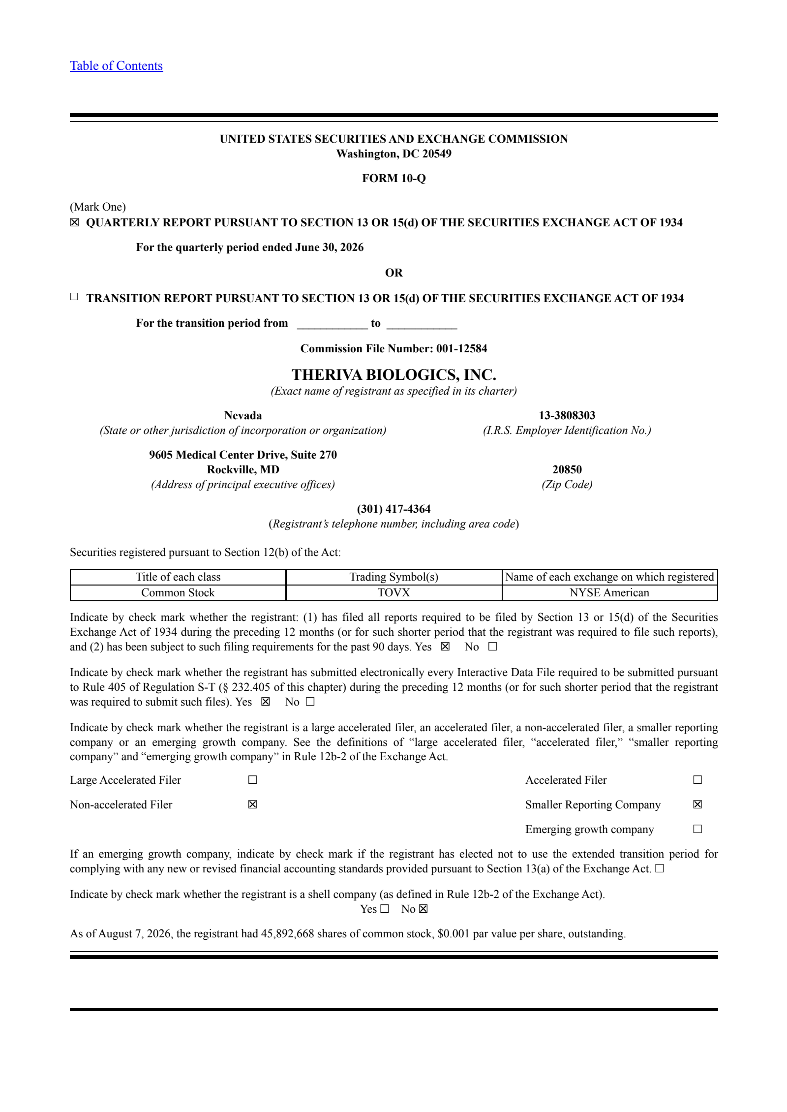 Theriva Biologics' Q2 2026 Quarterly report