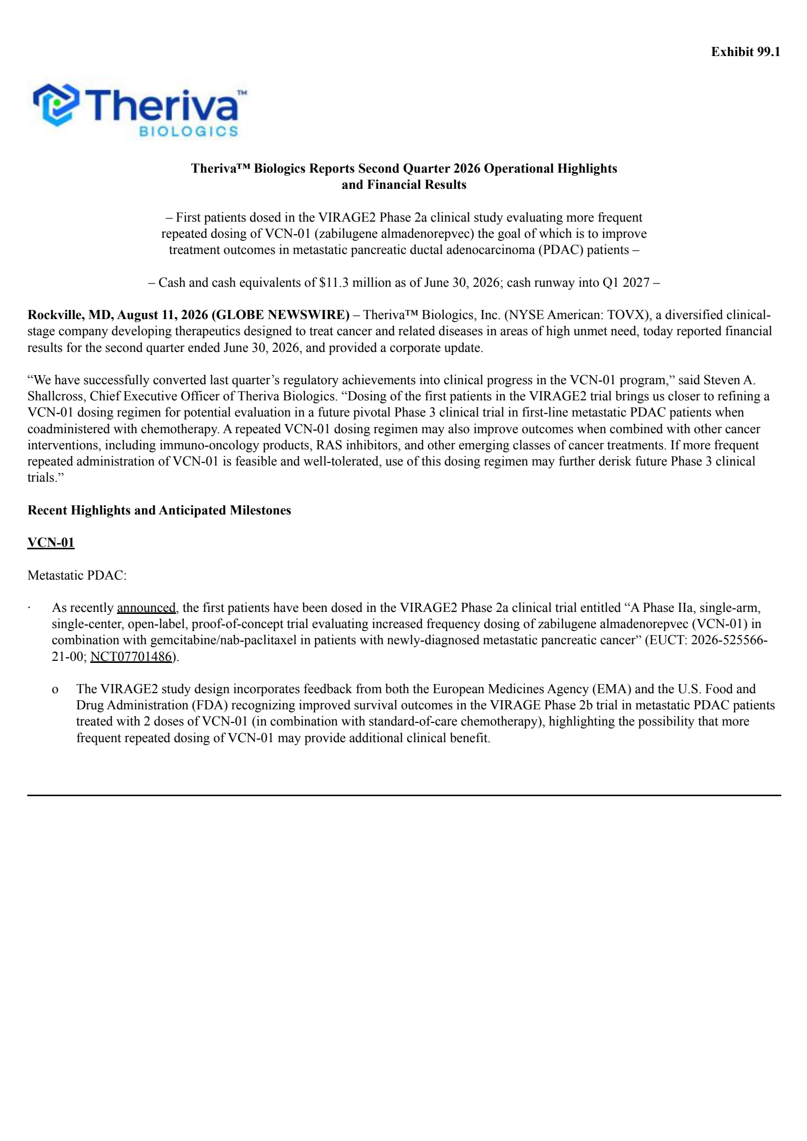 Theriva Biologics' Q2 2026 Press Release