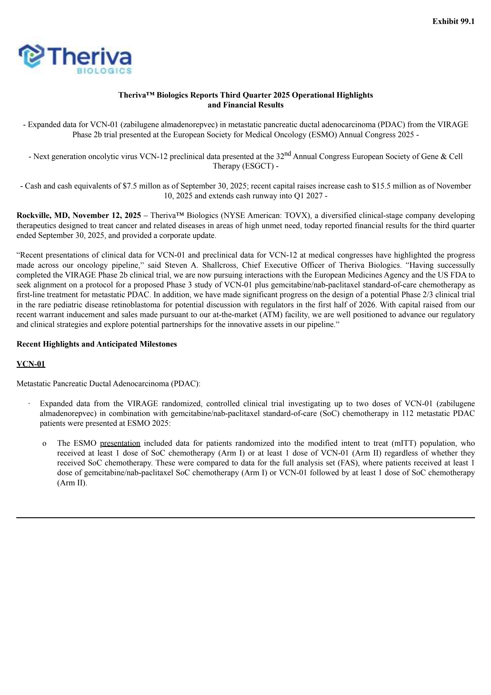 Theriva Biologics' Q3 2025 Earnings Release