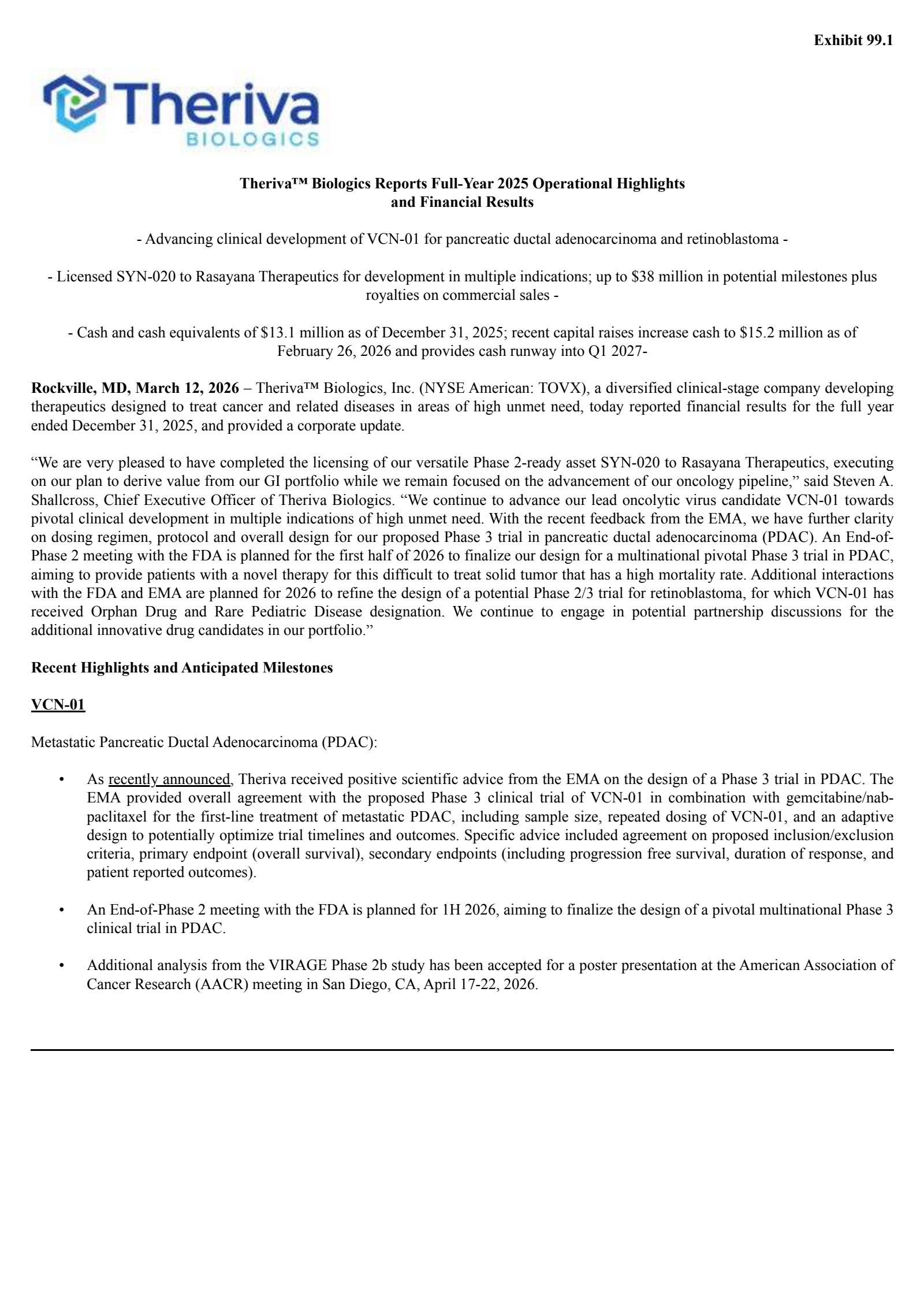 Theriva Biologics' Q4 2025 Press Release