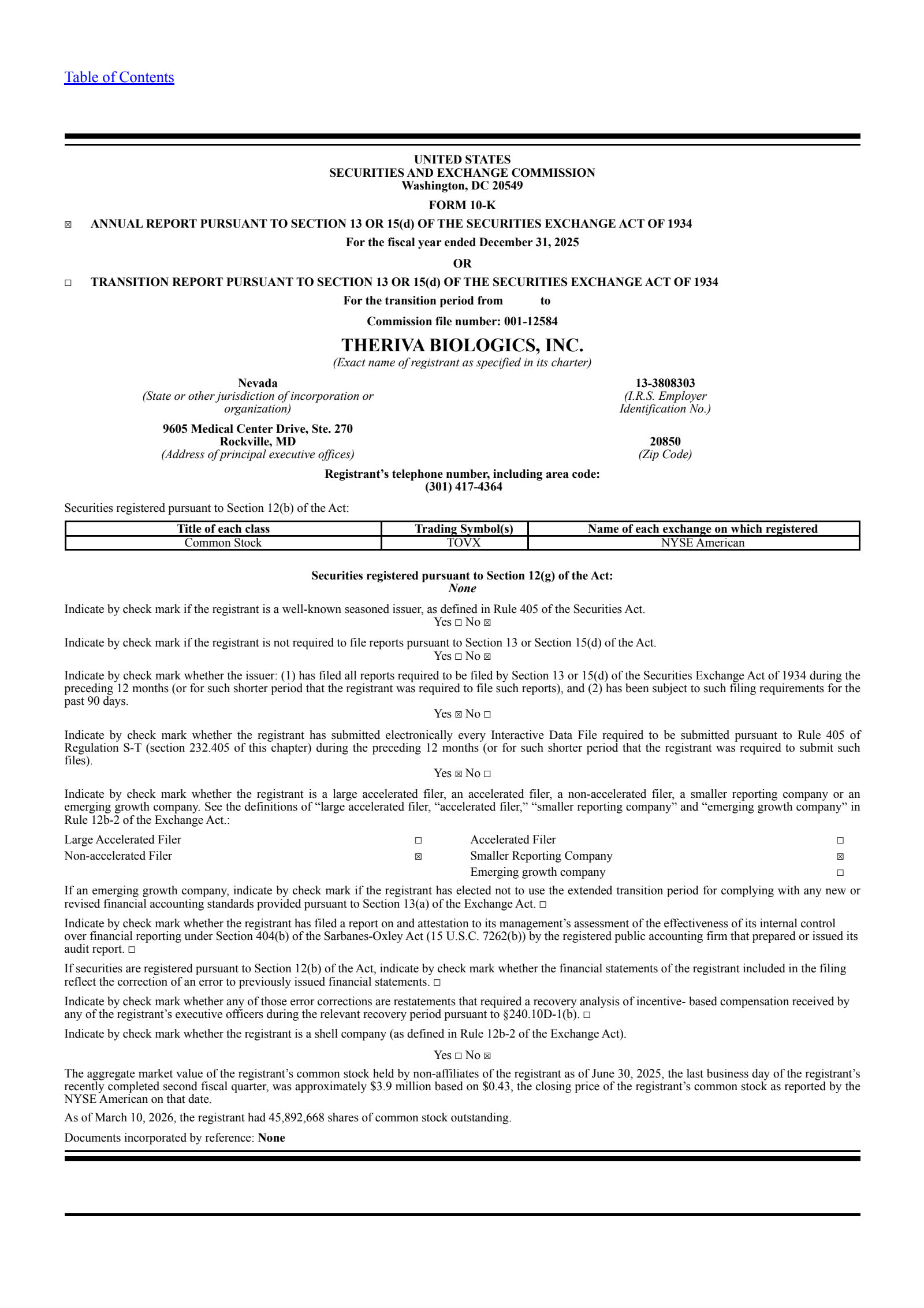 Theriva Biologics' Q4 2025 Annual report