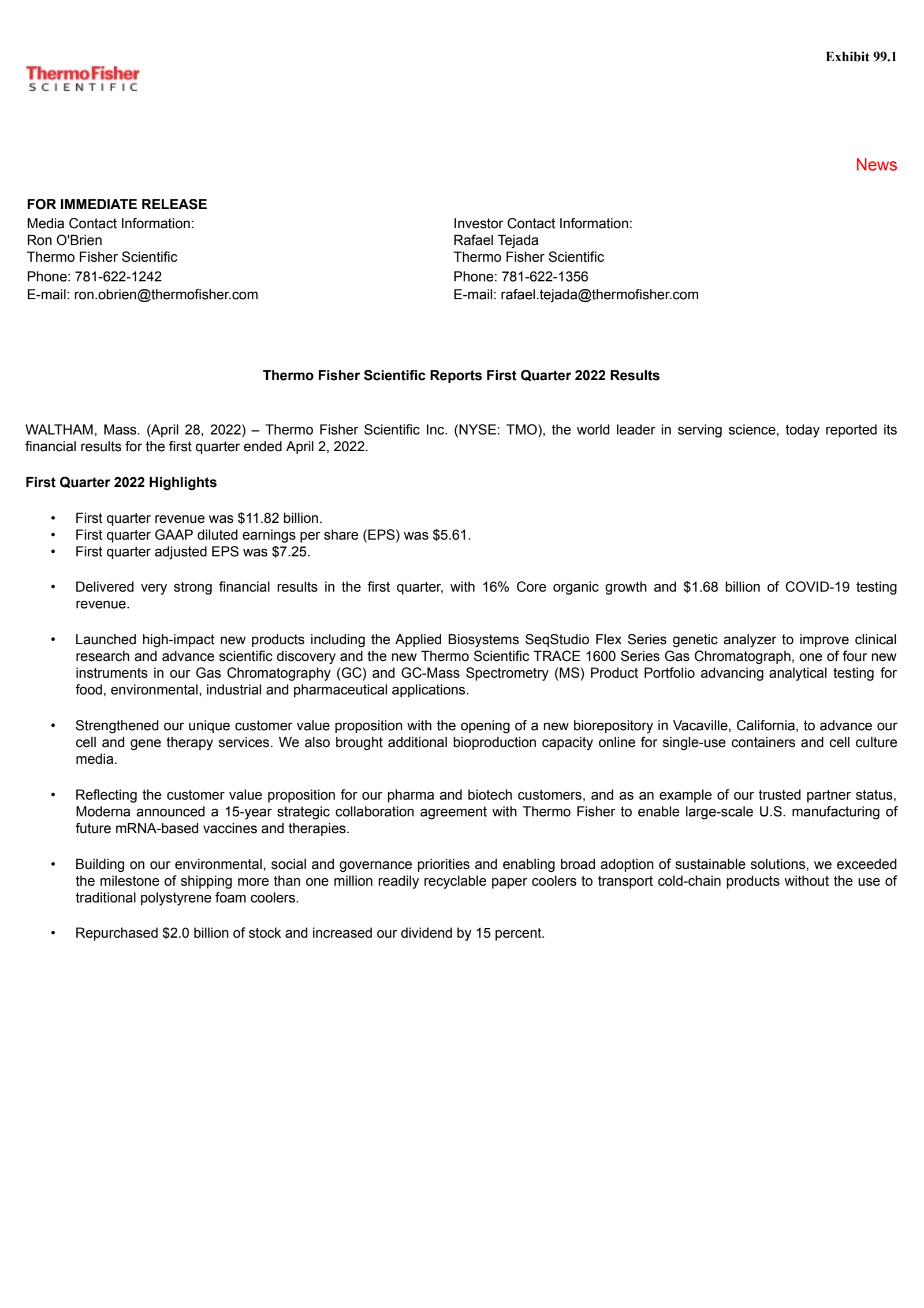 Thermo Fisher Scientific's Q1 2022 Press Release