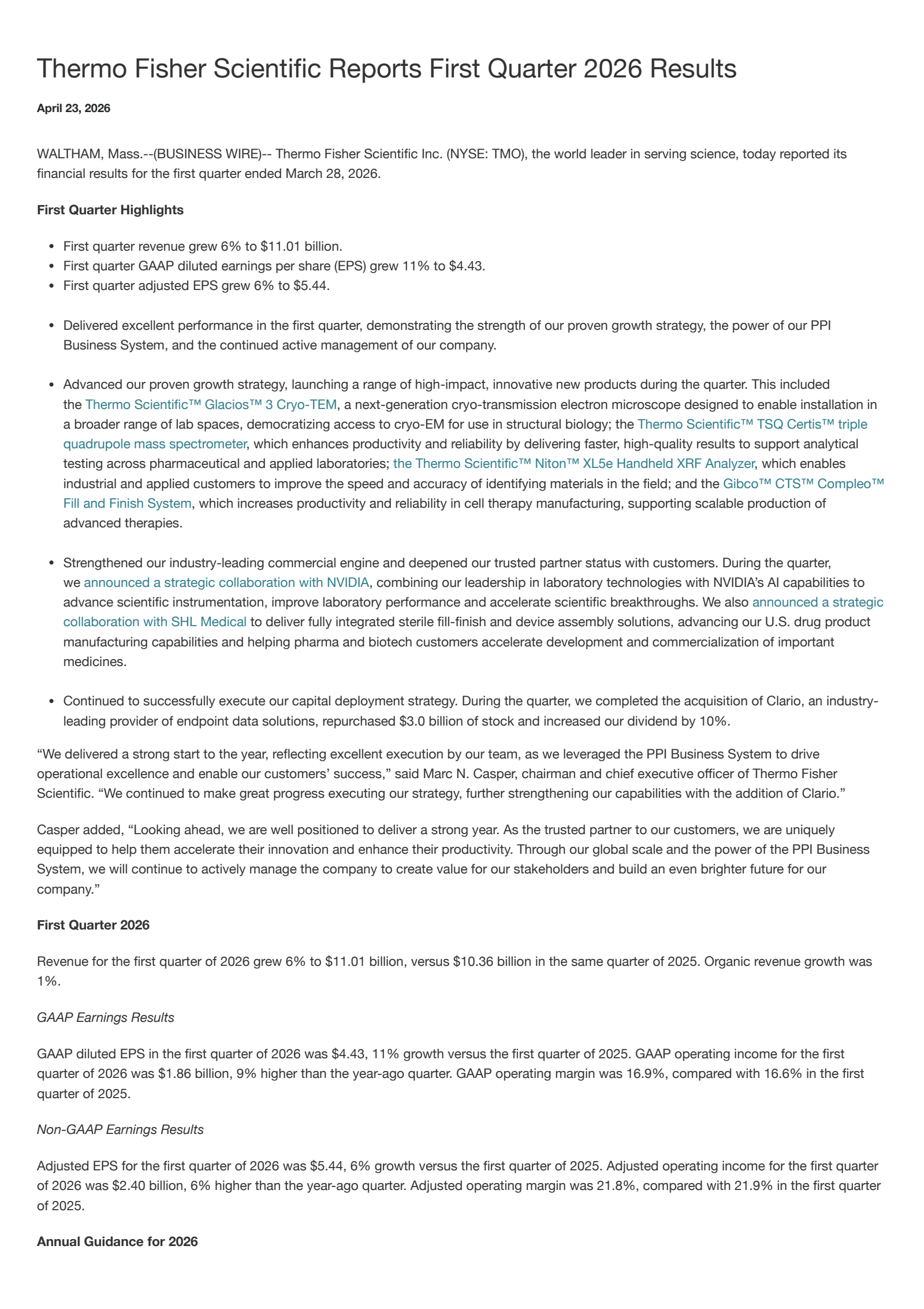Thermo Fisher Scientific's Q1 2026 Press Release