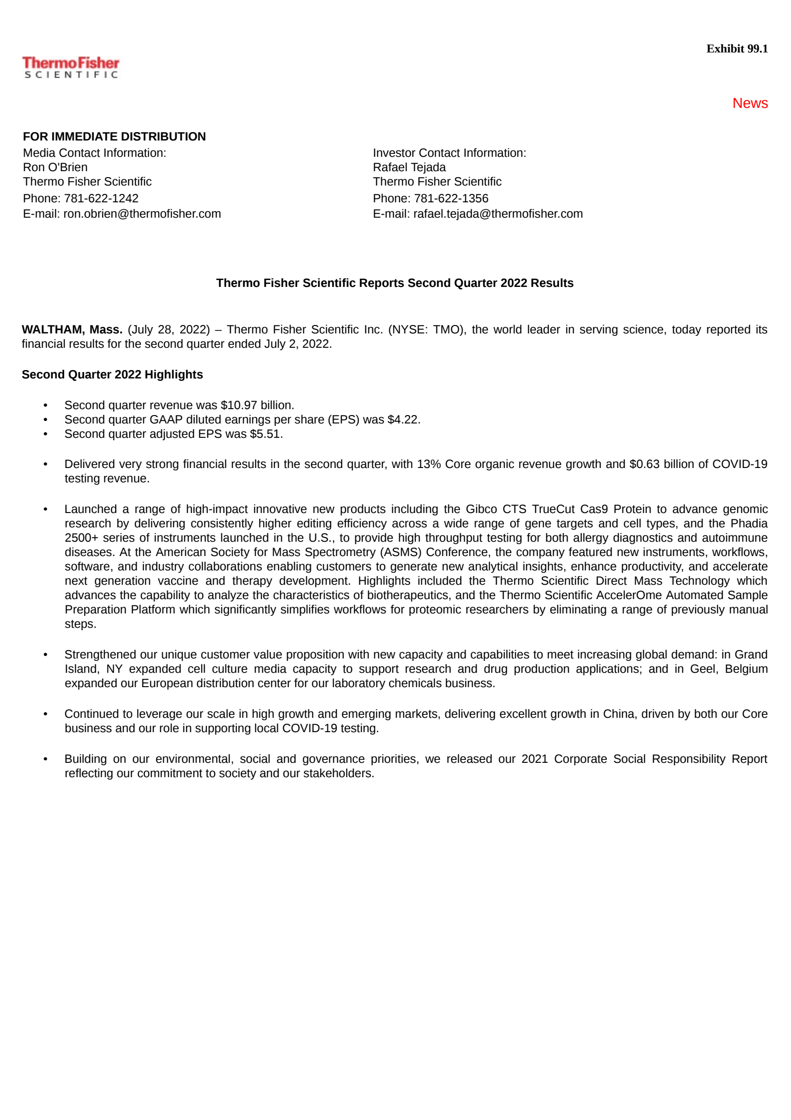 Thermo Fisher Scientific's Q2 2022 Press Release