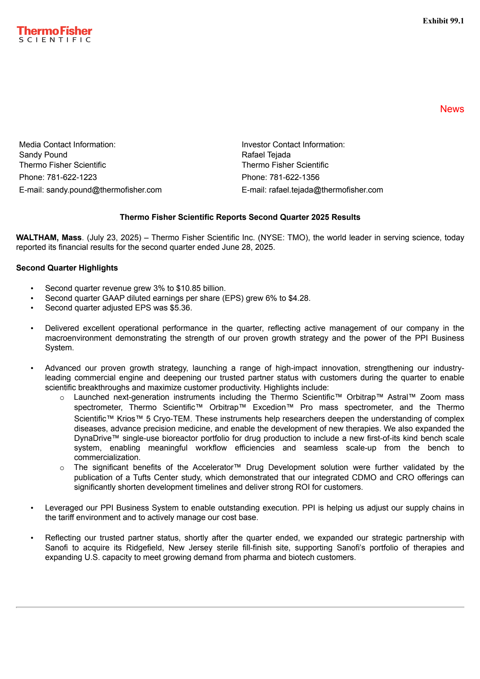 Thermo Fisher Scientific's Q2 2025 Press Release