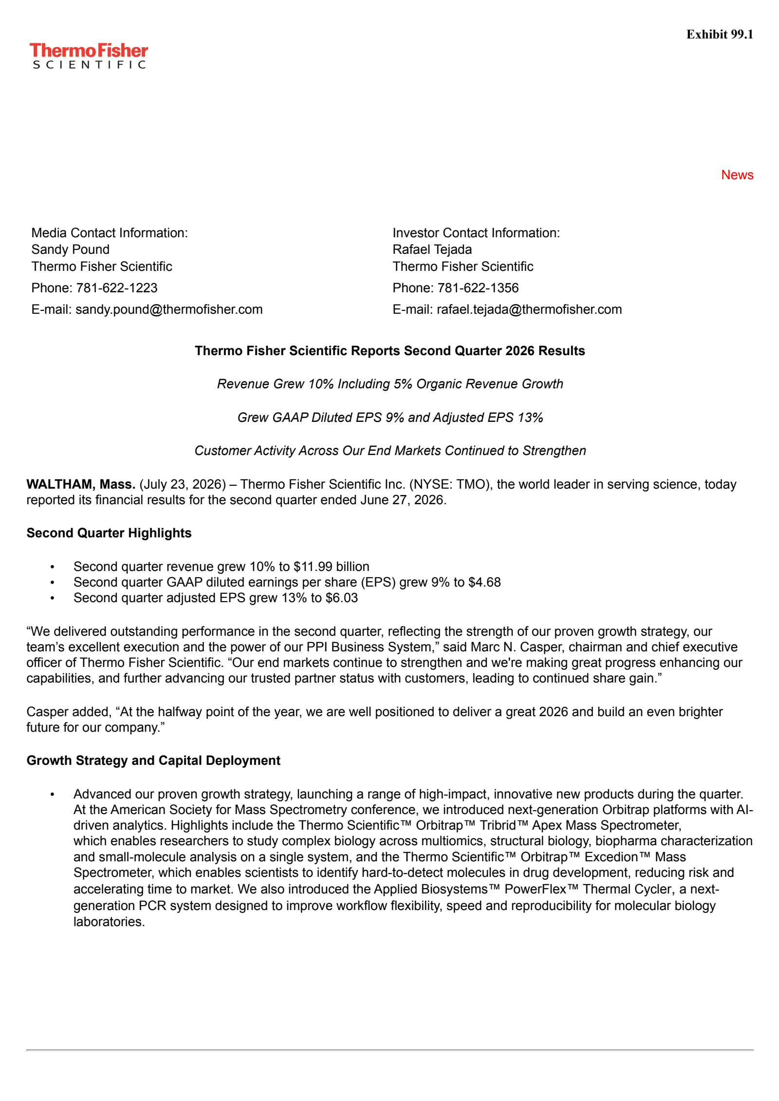 Thermo Fisher Scientific's Q2 2026 Press Release
