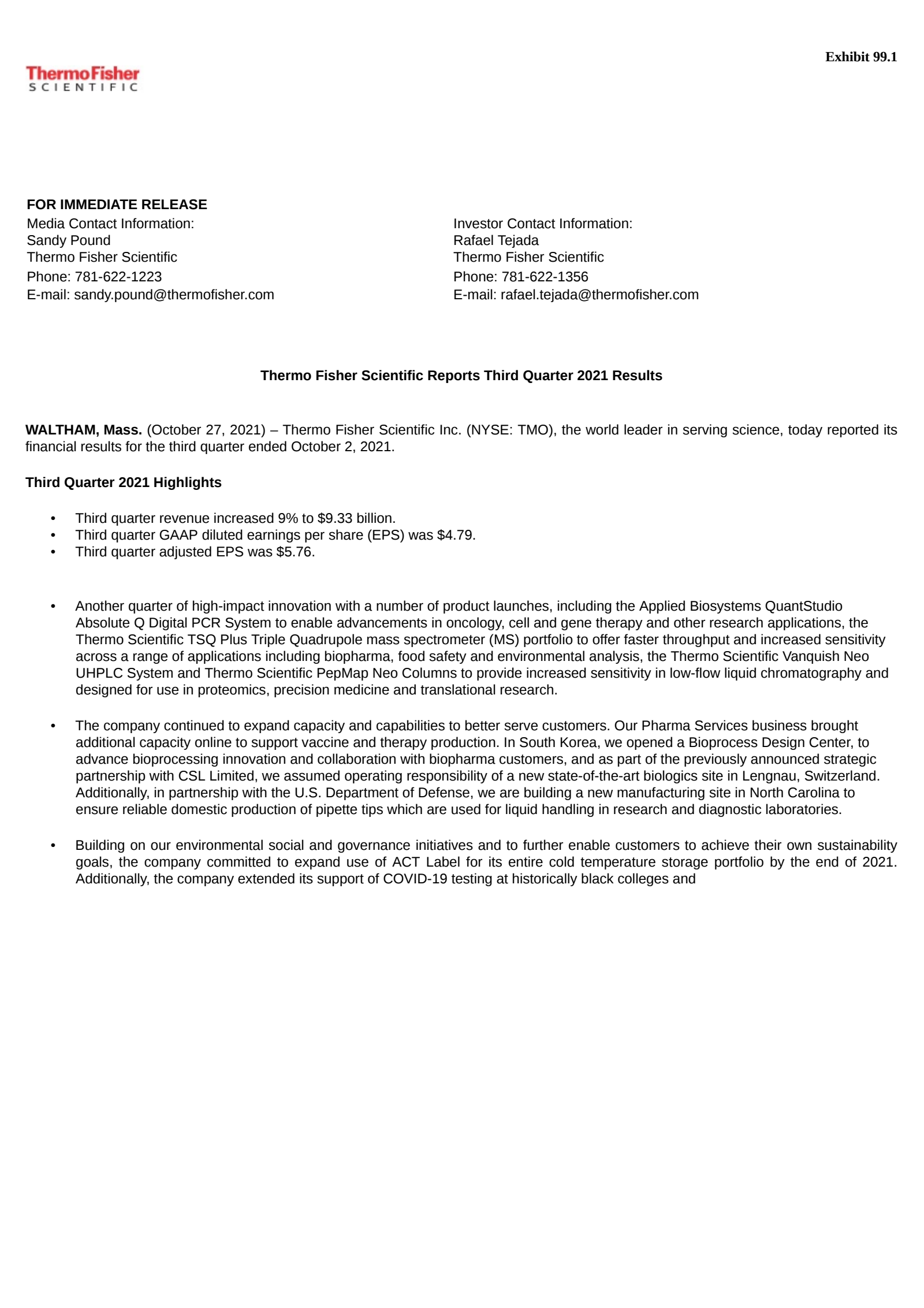 Thermo Fisher Scientific's Q3 2021 Press Release