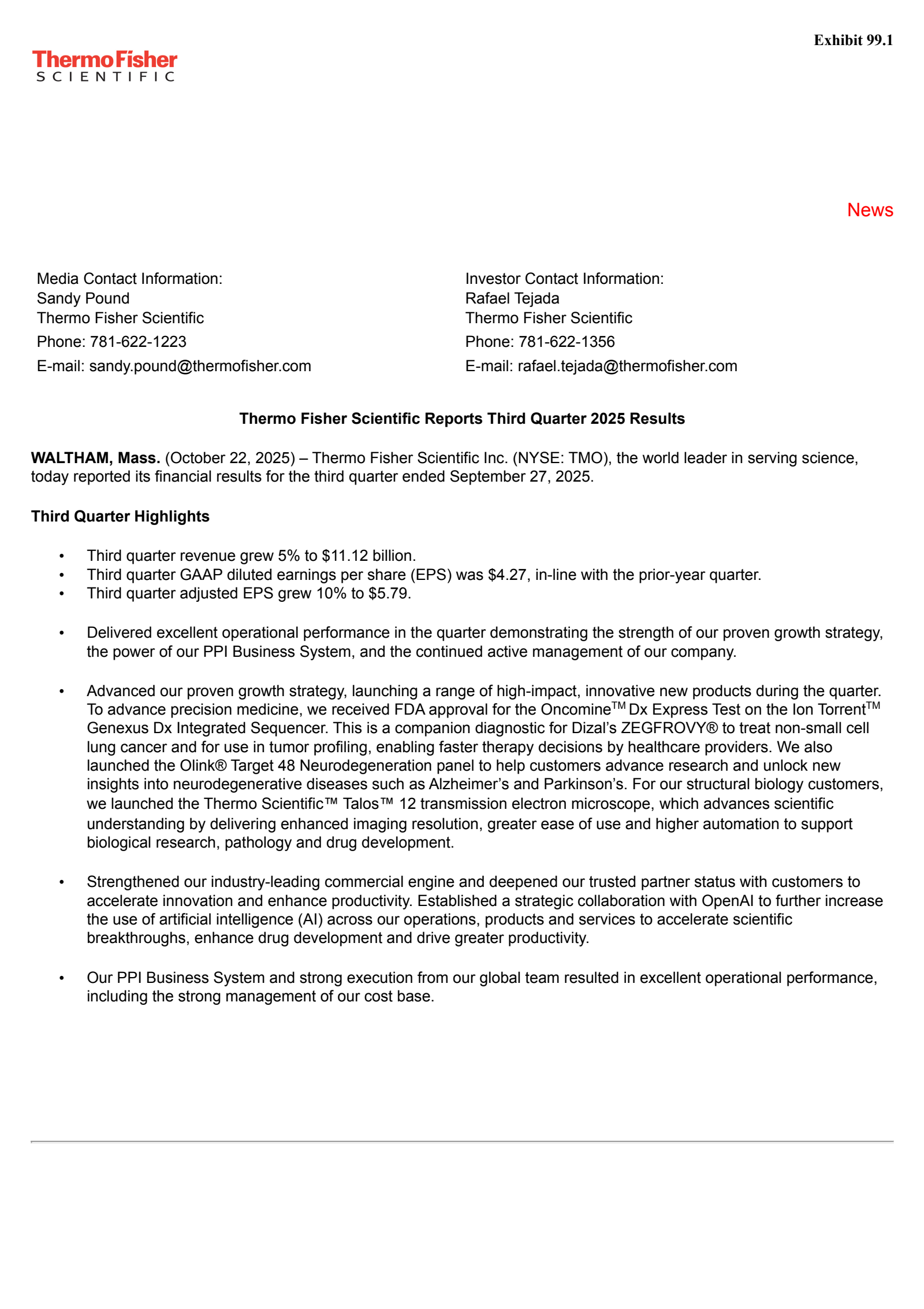 Thermo Fisher Scientific's Q3 2025 Earnings Release