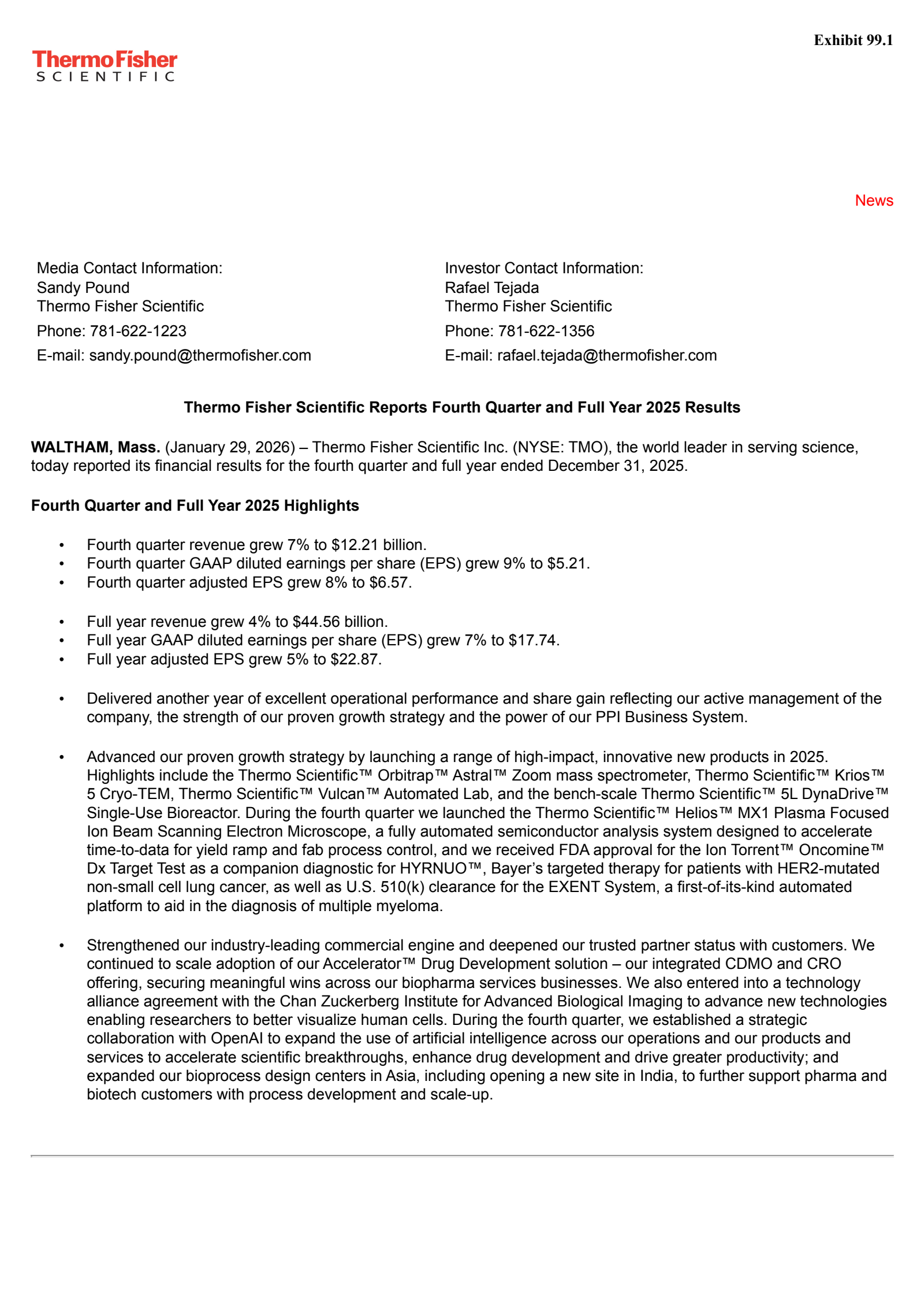 Thermo Fisher Scientific's Q4 2025 Press Release