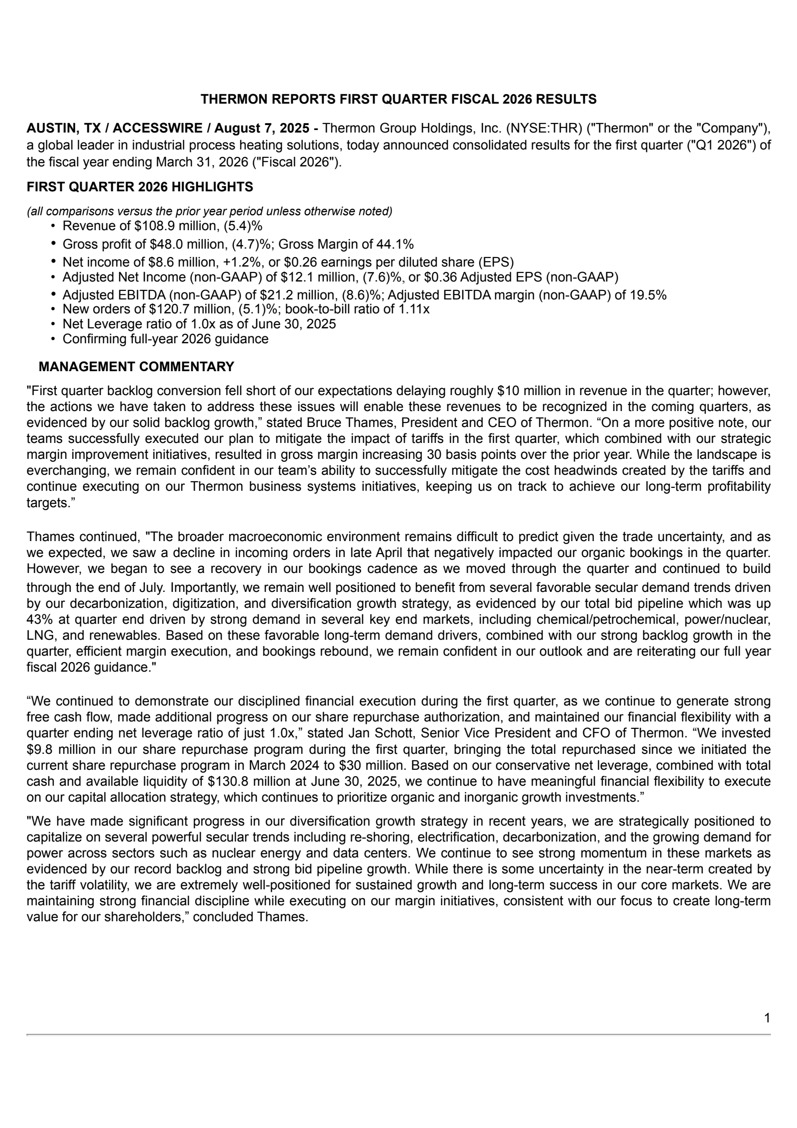 Thermon Group's Q1 2026 Press Release