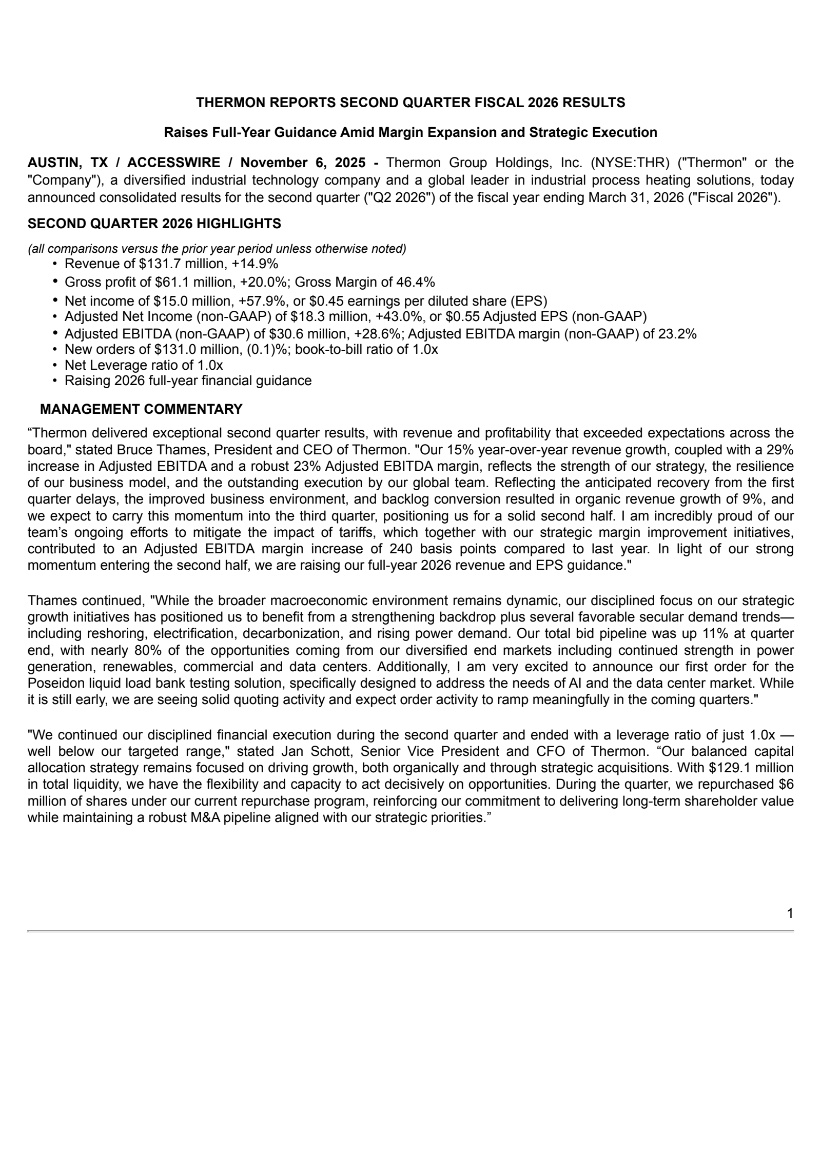Thermon Group's Q2 2026 Earnings Release