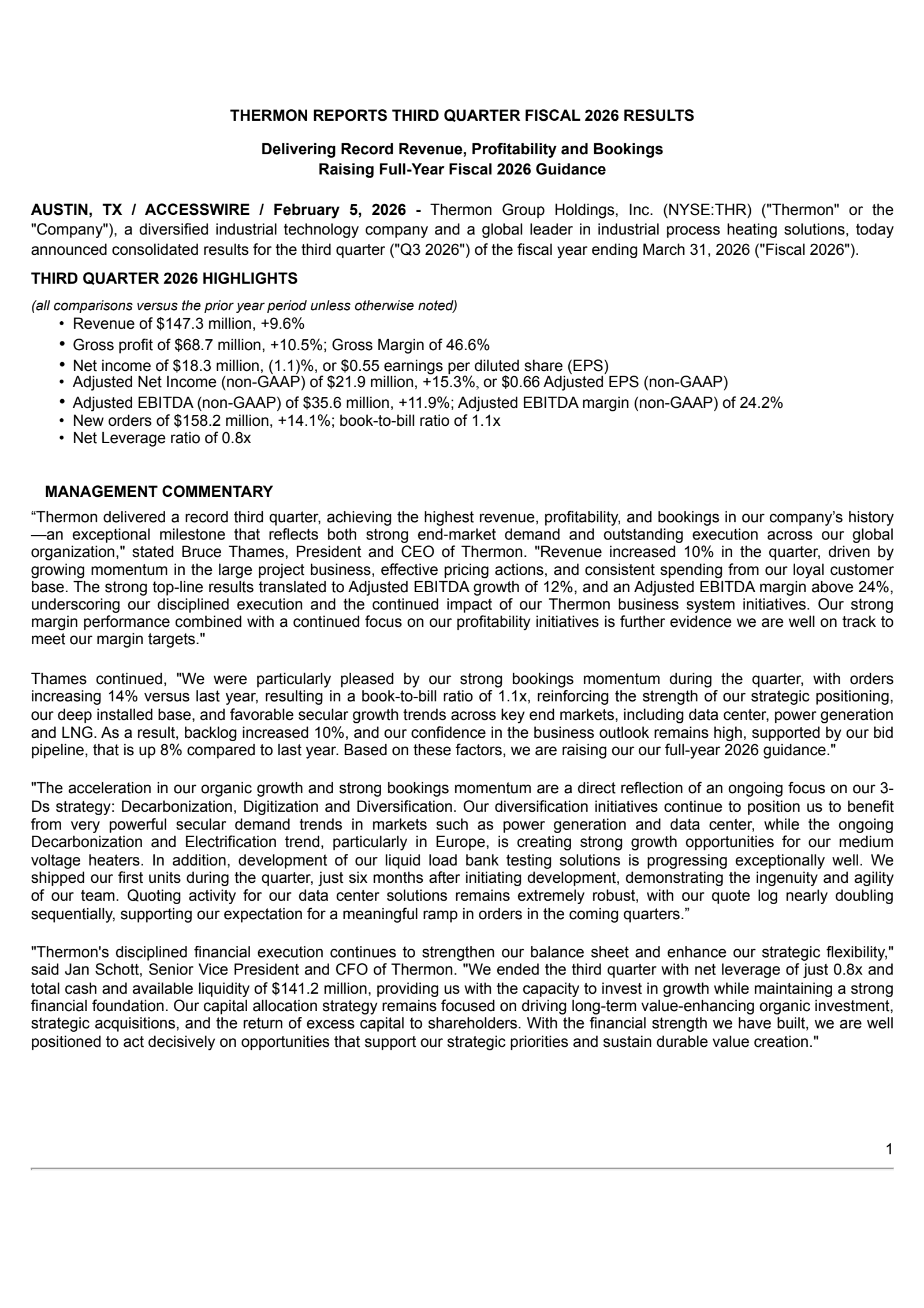 Thermon Group's Q3 2026 Press Release