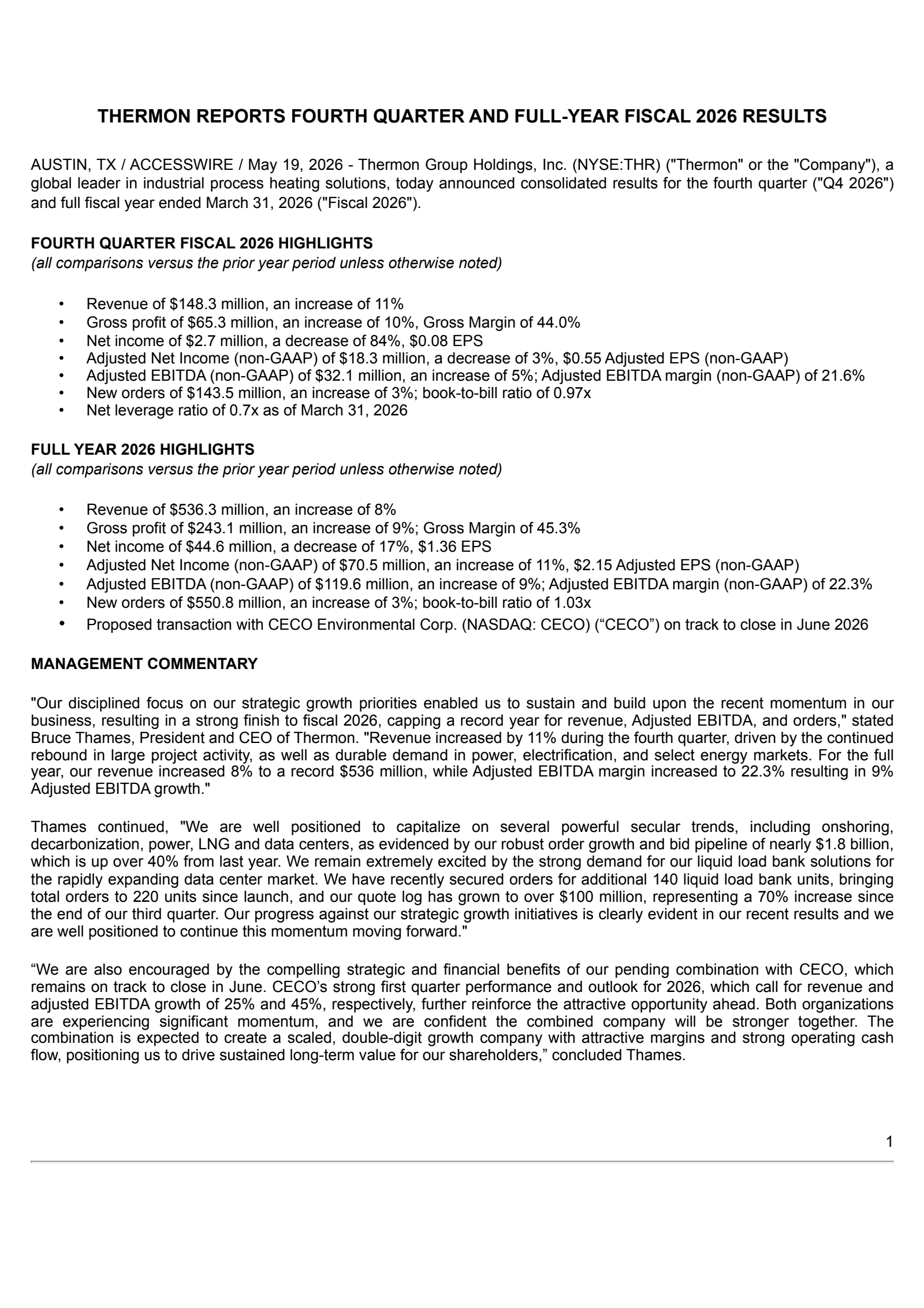 Thermon Group's Q4 2026 Press Release