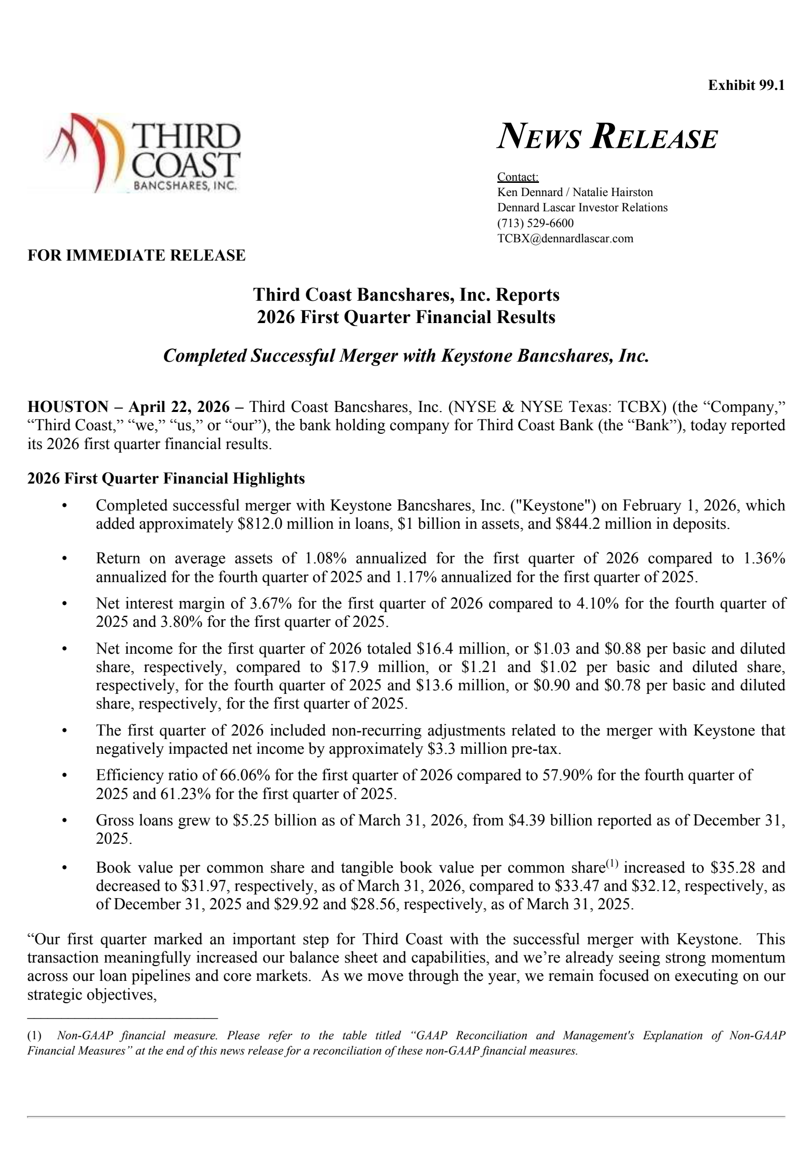 Third Coast Bancshares' Q1 2026 Press Release