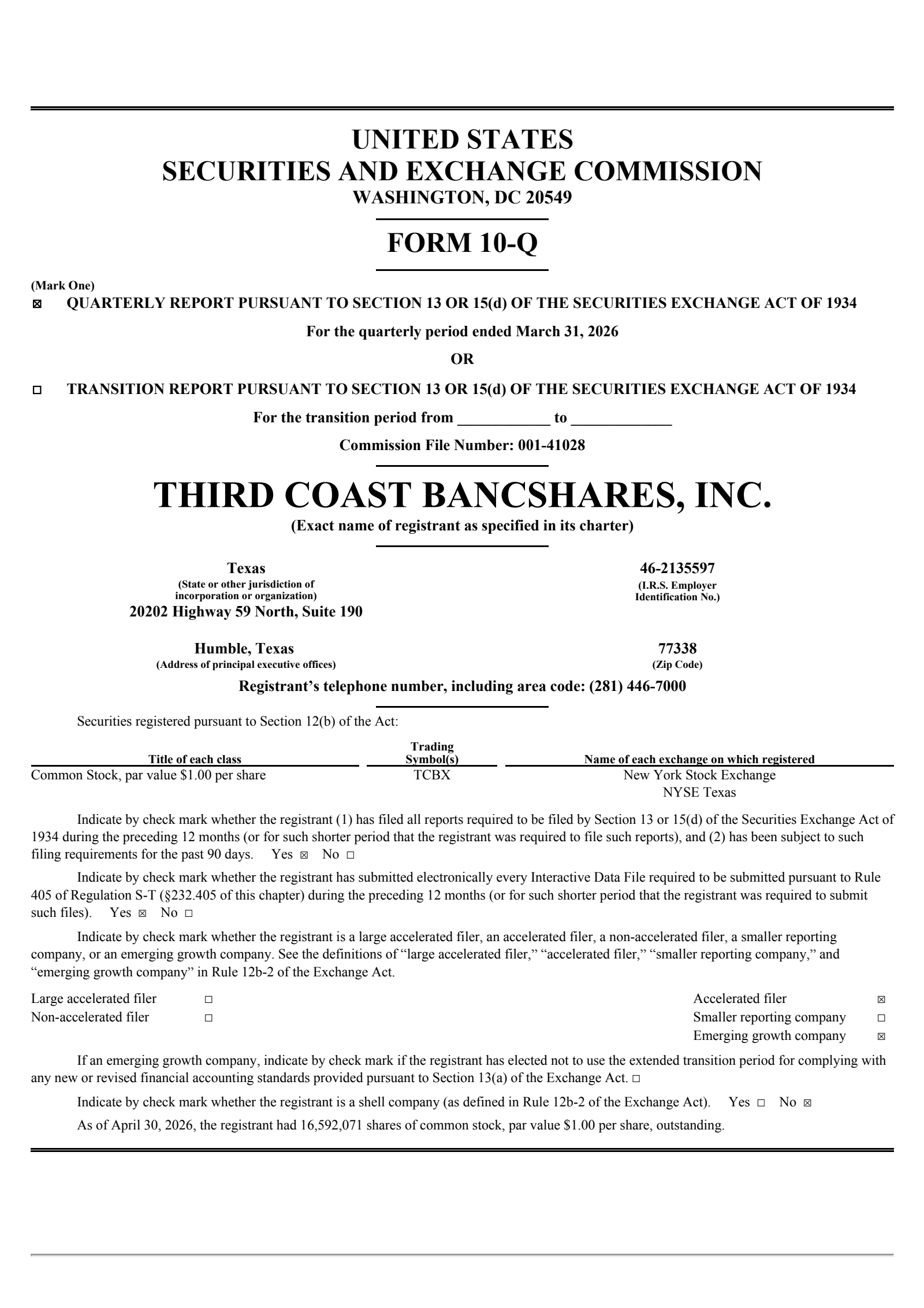 Third Coast Bancshares' Q1 2026 Quarterly report